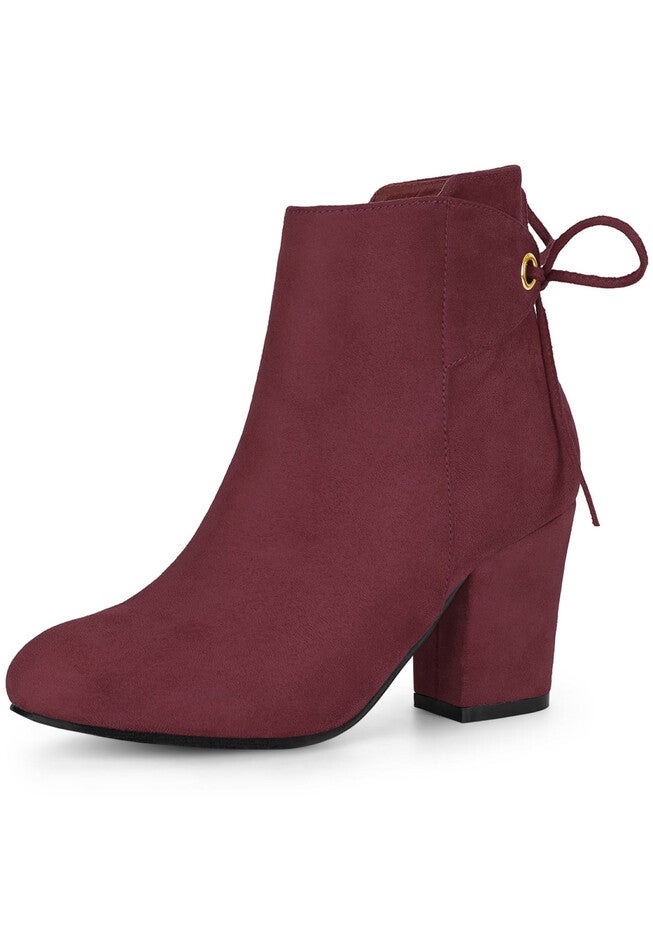 ROUND TOE BLOCK HEEL ZIPPER ANKLE BOOTS, Burgundy / Burgundy, hi-res image number null