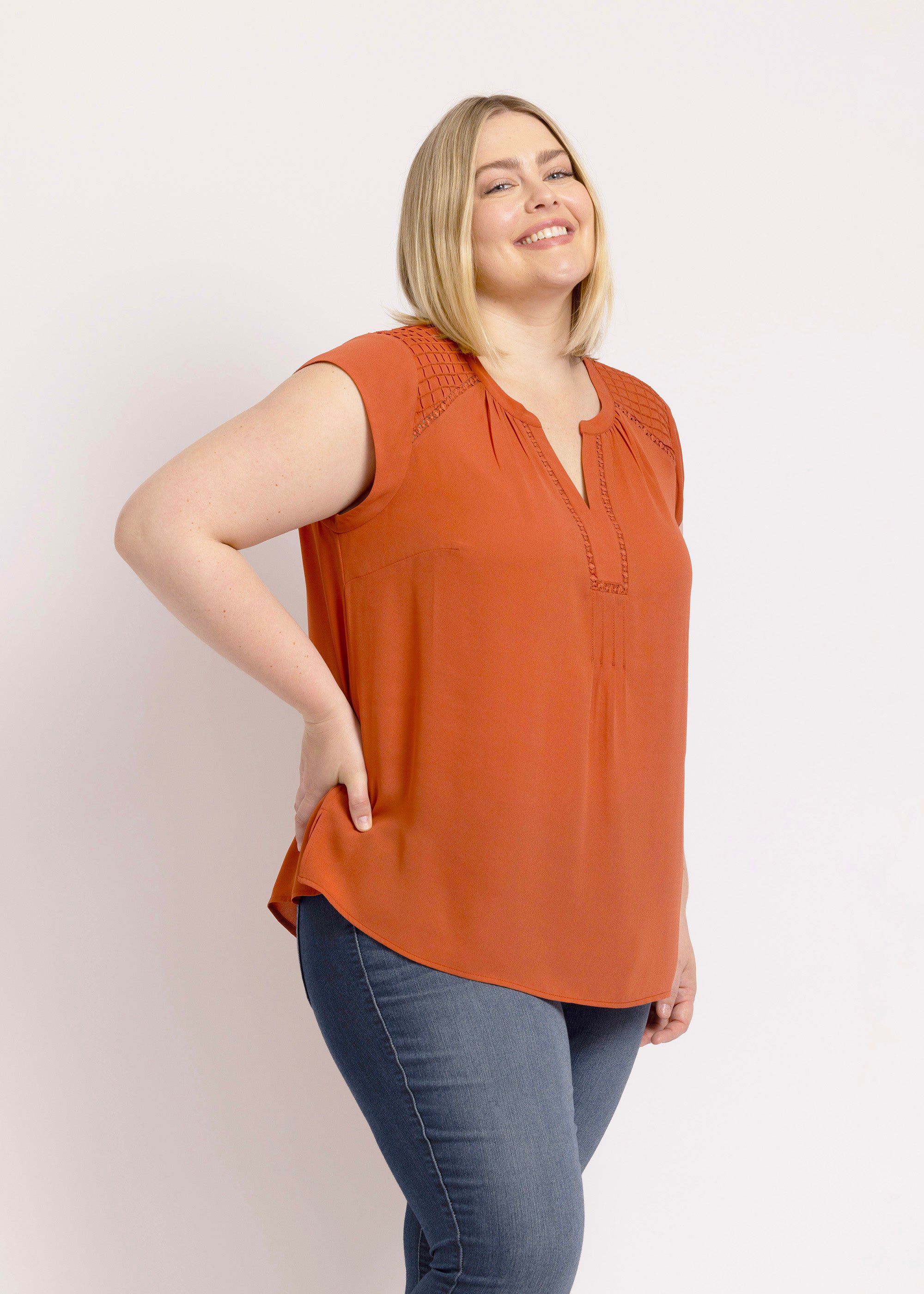 Adalee Cap Sleeve Top with Lace, CANYON / Pink, alternate image number 1