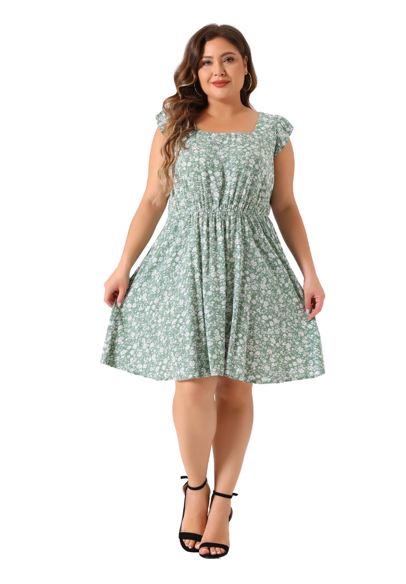 Summer Square Neck Ruffle Short Sleeve Midi Dress, Green / Light Green, hi-res image number 0
