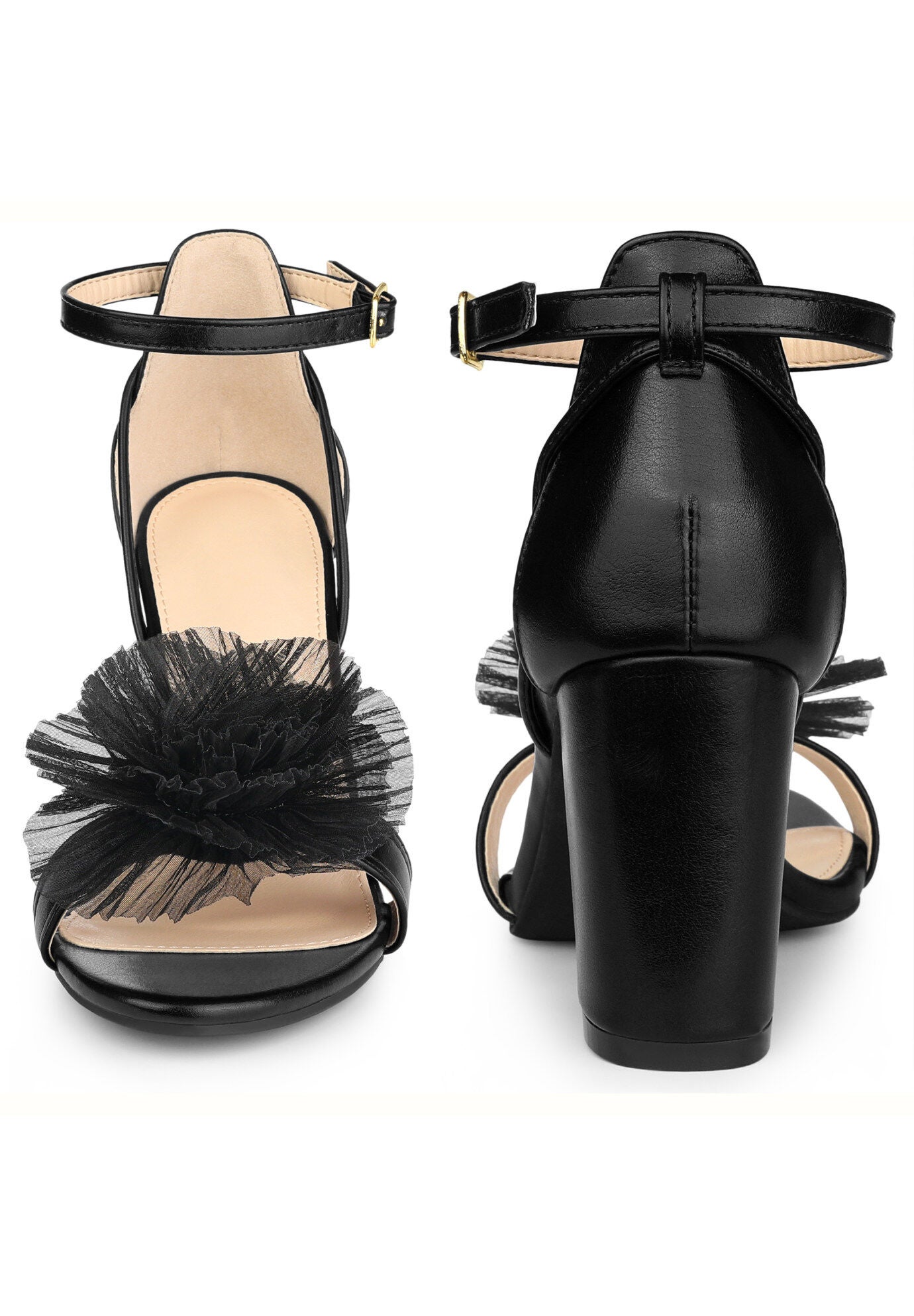 Floral Open Toe Block High Heel Sandals, Black / Black, alternate image number 1