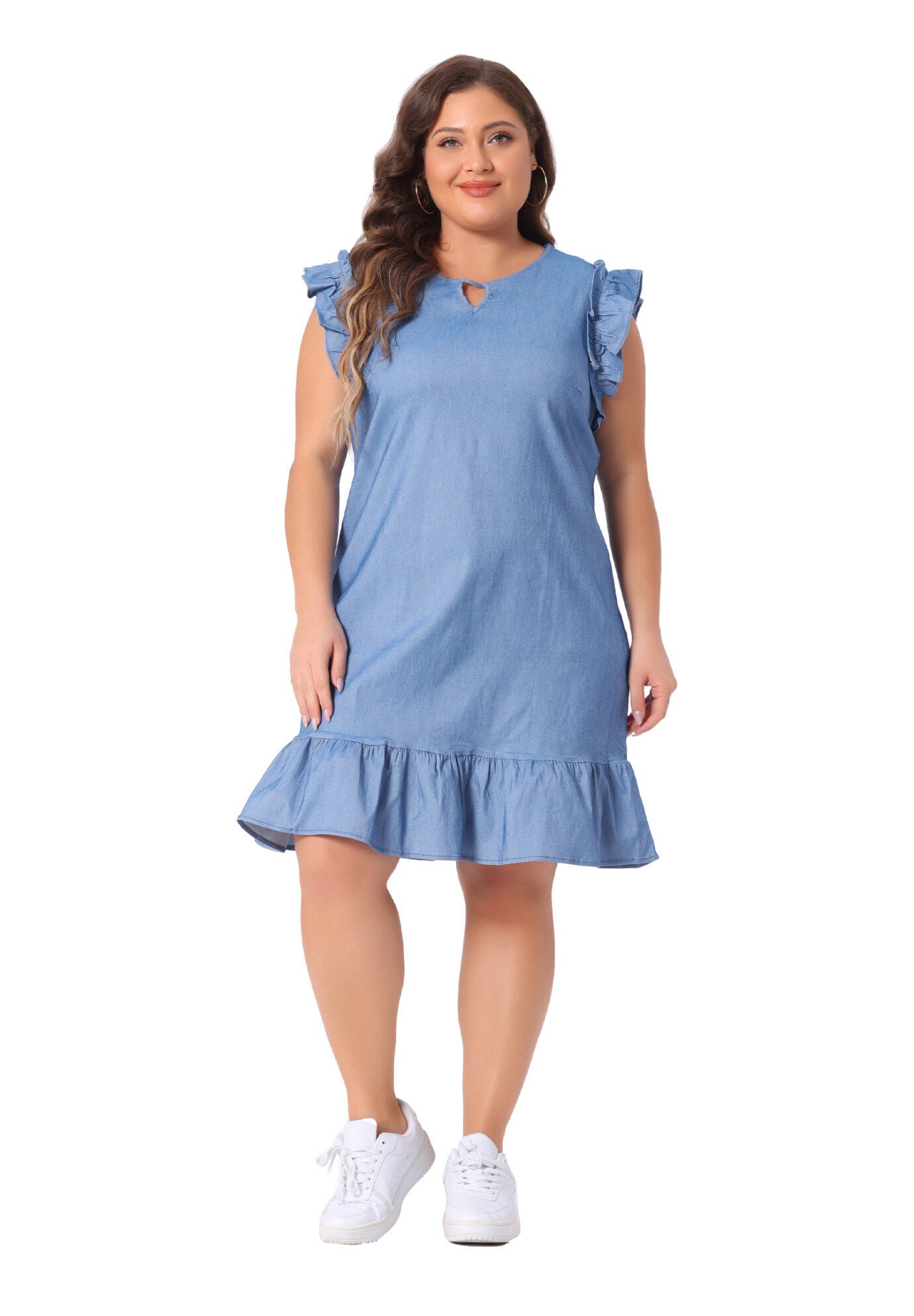 Summer Ruffle Hem Flared Short Sleeve V Neck Chambray Dress, Light Blue / Light Blue, hi-res image number 0