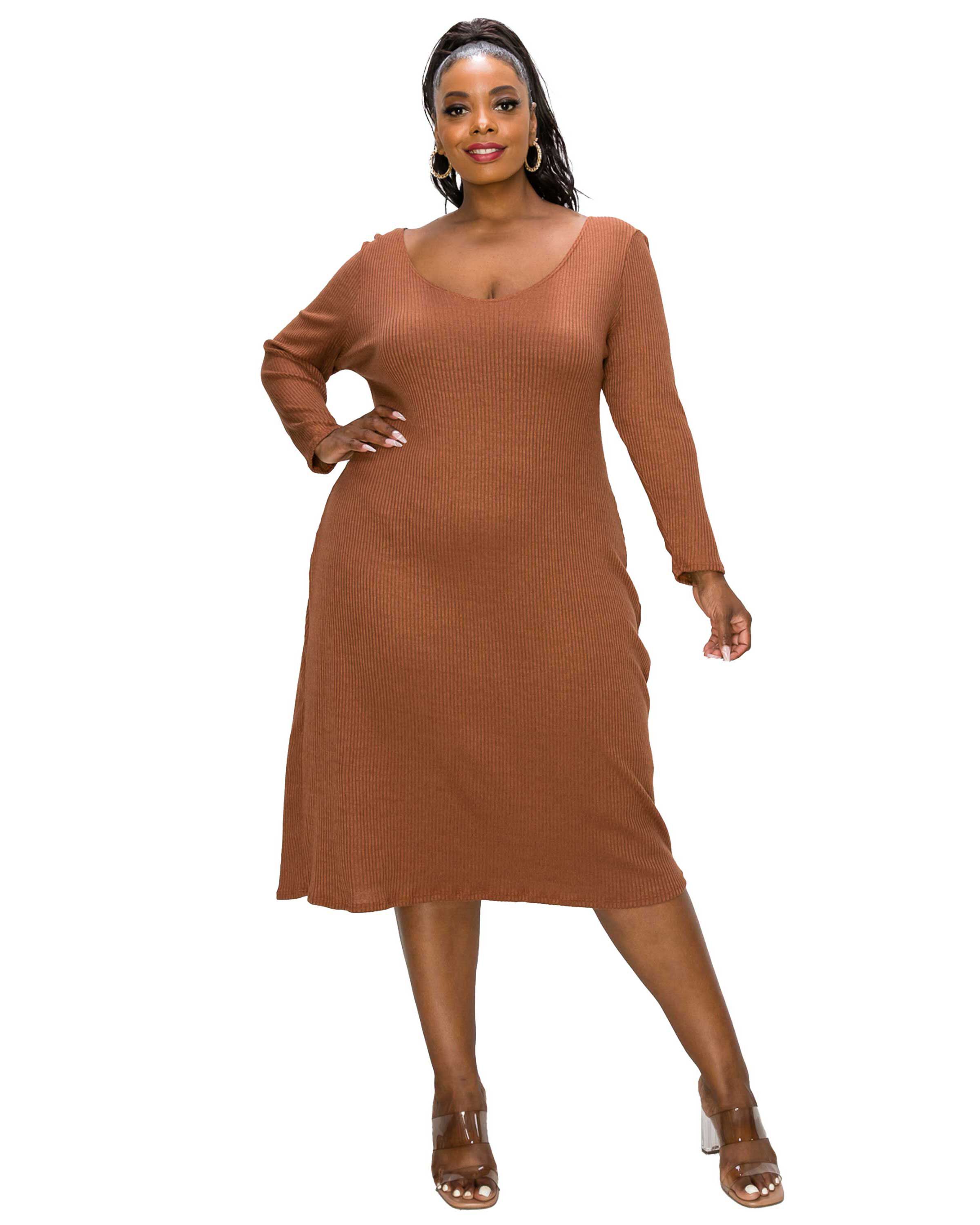 PLUNGE NECK CASHMERE RIB MIDI DRESS, Chestnut / Brown, hi-res image number 0