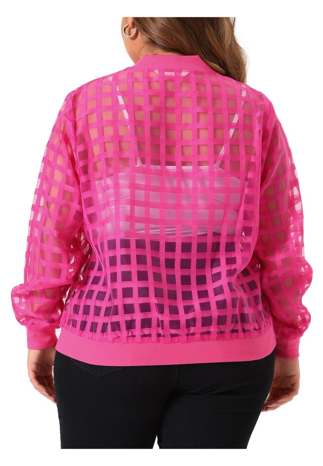 HOLLOW OUT BASEBALL COLLAR ZIP UP BOMBER JACKET, Hot Pink / Deep Fuchsia, alternate image number 3