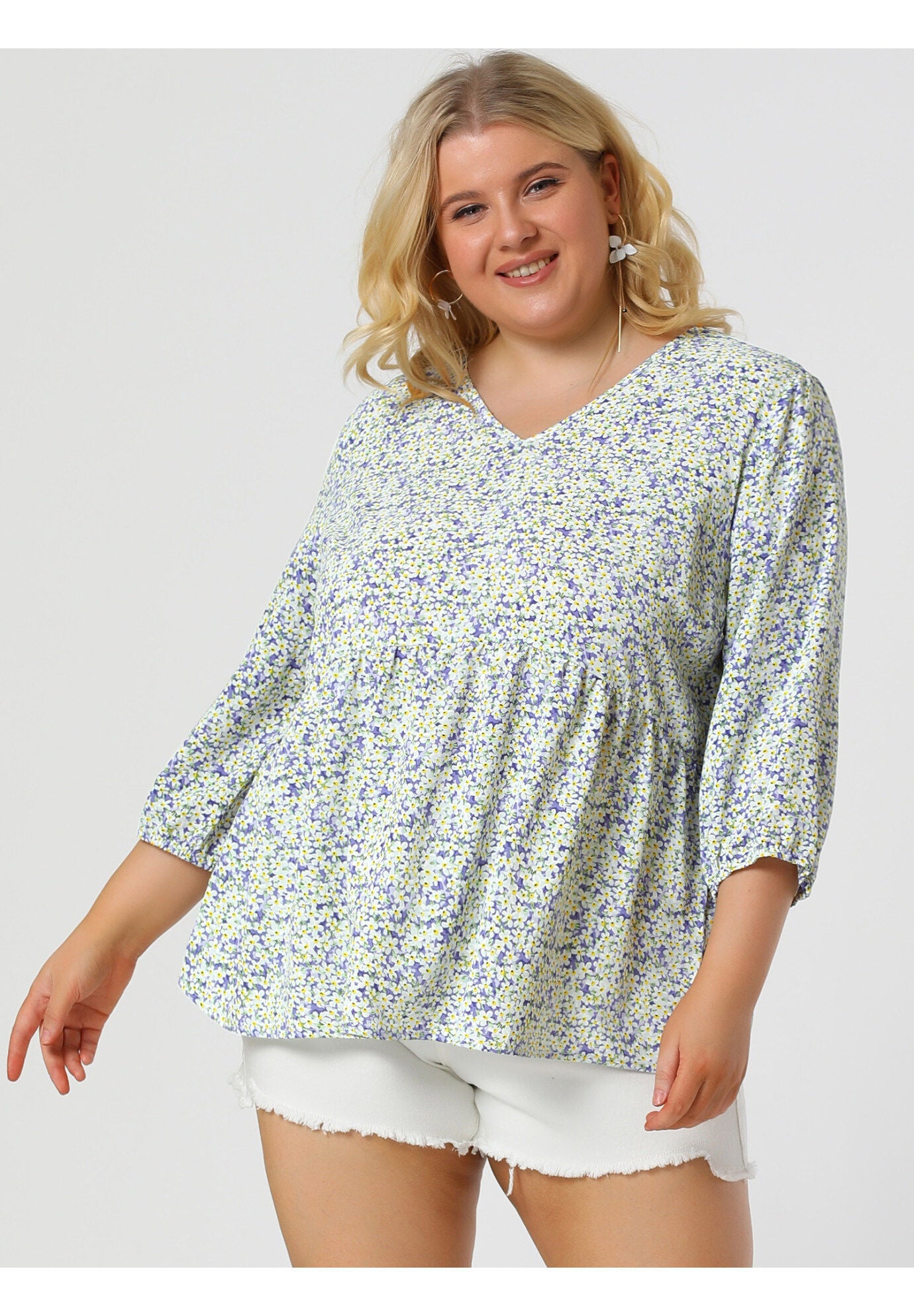 V Neck Babydoll Flowy 3/4 Lantern Sleeve Floral Blouse, Lavender / Purple, hi-res image number 0