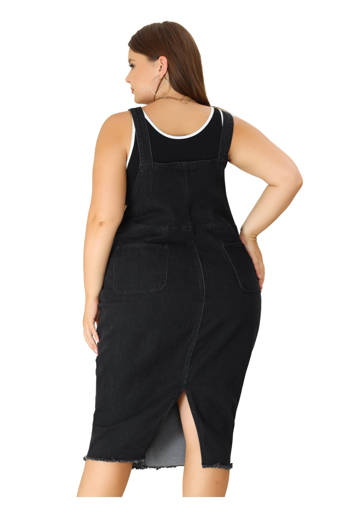 ADJUSTABLE STRAP BACK SLIT DISTRESSED DENIM OVERALL DRESS, Black / Black, alternate image number 3