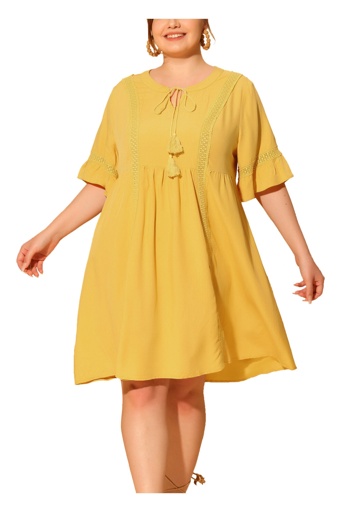 Ruffle Short Sleeve Lace Insert V Neck Tassel Bohemian Dress, Yellow / Yellow, alternate image number 1