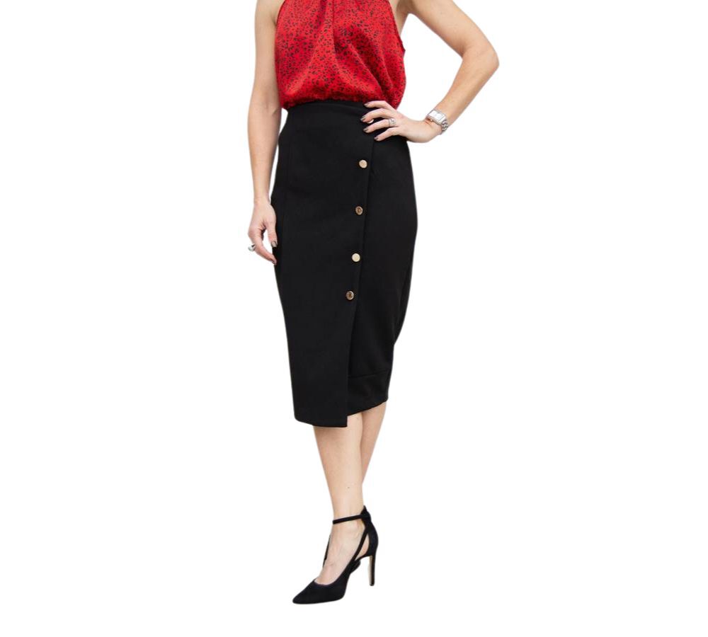 BUTTON FRONT PENCIL SKIRT IN BLACK, Black / Black, hi-res image number 0