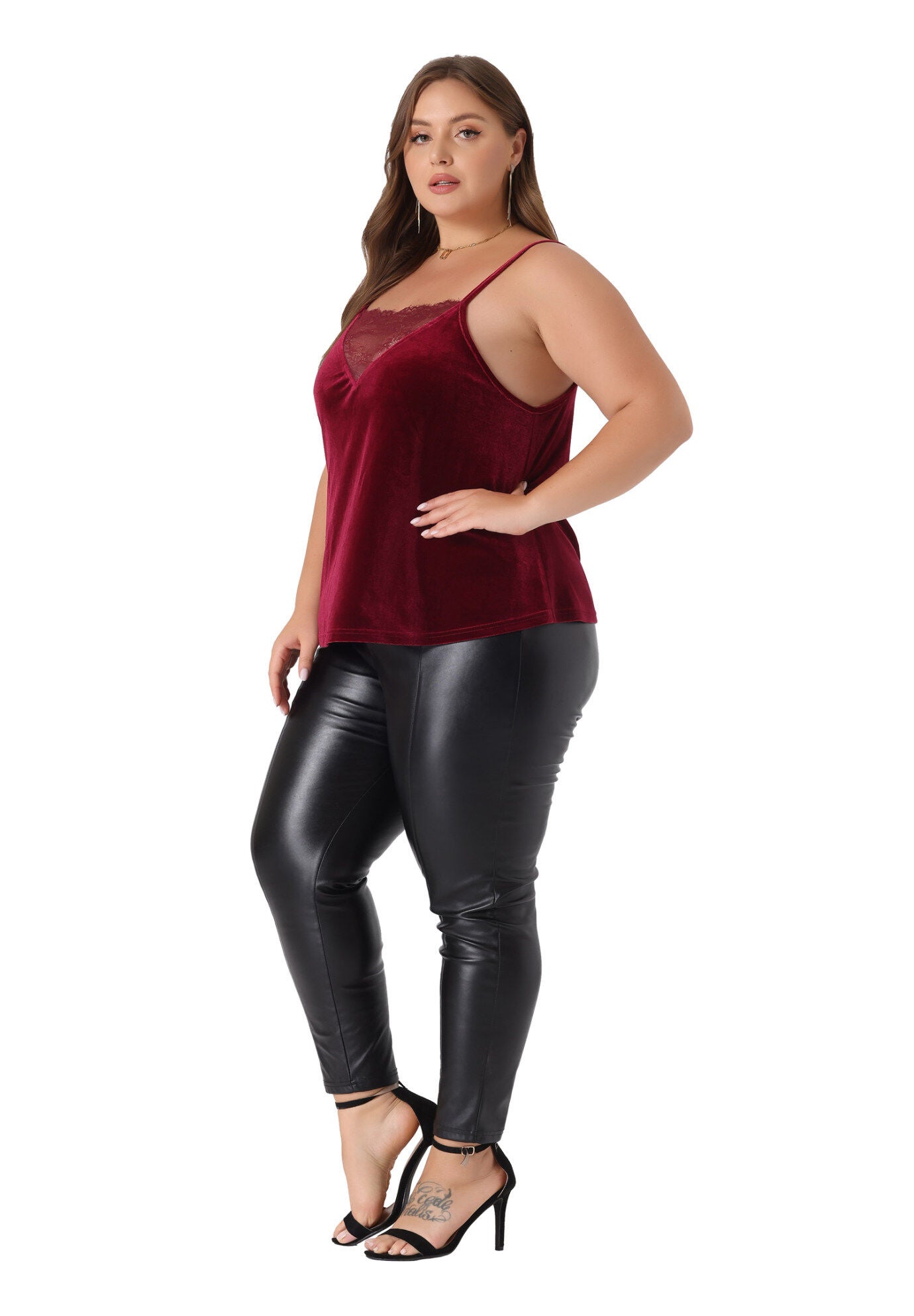 VELVET CAMI LACE DEEP V NECK SLEEVELESS TOP, Burgundy / Red, hi-res image number 0