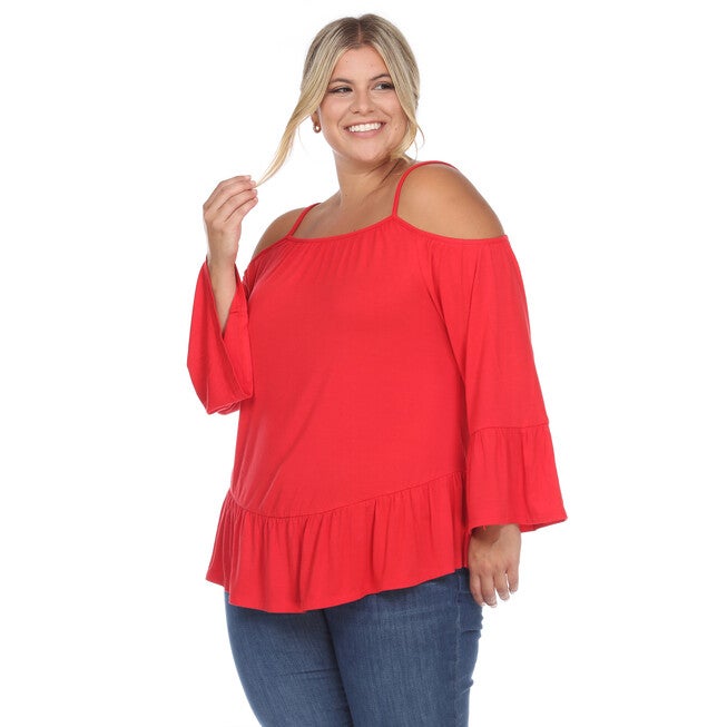Cold Shoulder Ruffle Sleeve Top, Red / Red, alternate image number 3