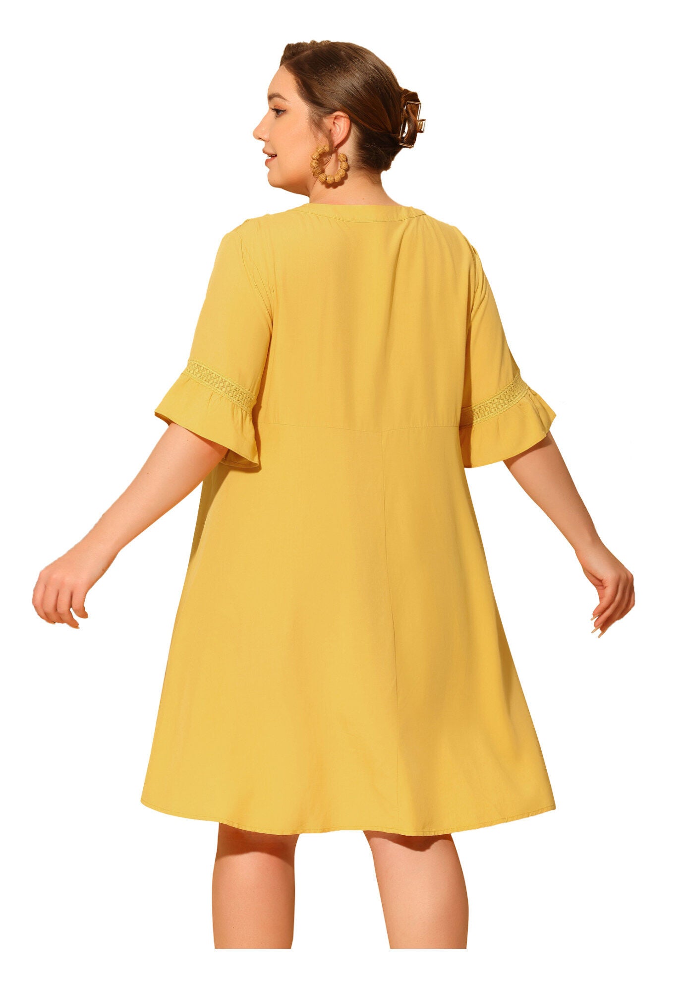 Ruffle Short Sleeve Lace Insert V Neck Tassel Bohemian Dress, Yellow / Yellow, alternate image number 3