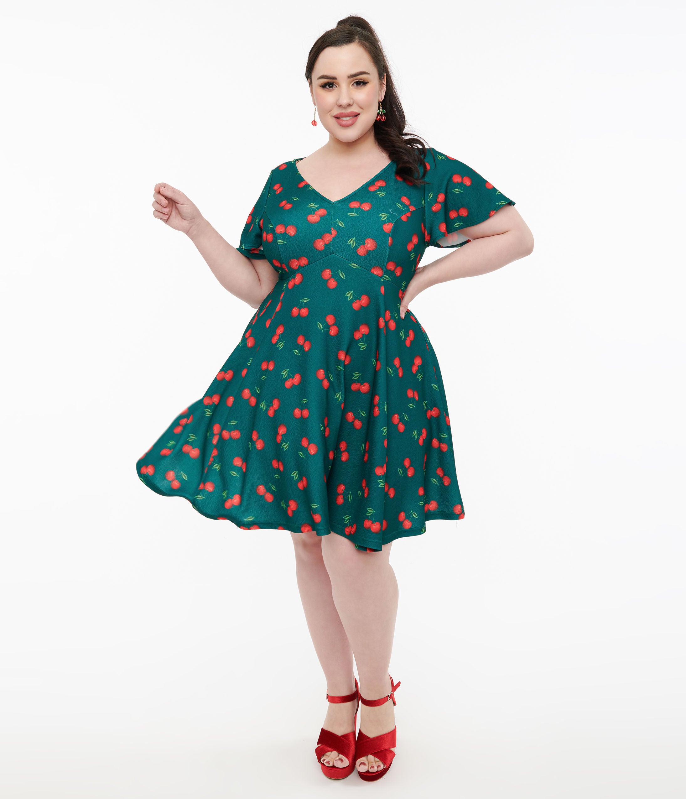 Unique Vintage 1950s Emerald & Cherry Print Poppy Flare Dress, Green cherry print / Forest Green, hi-res image number 0