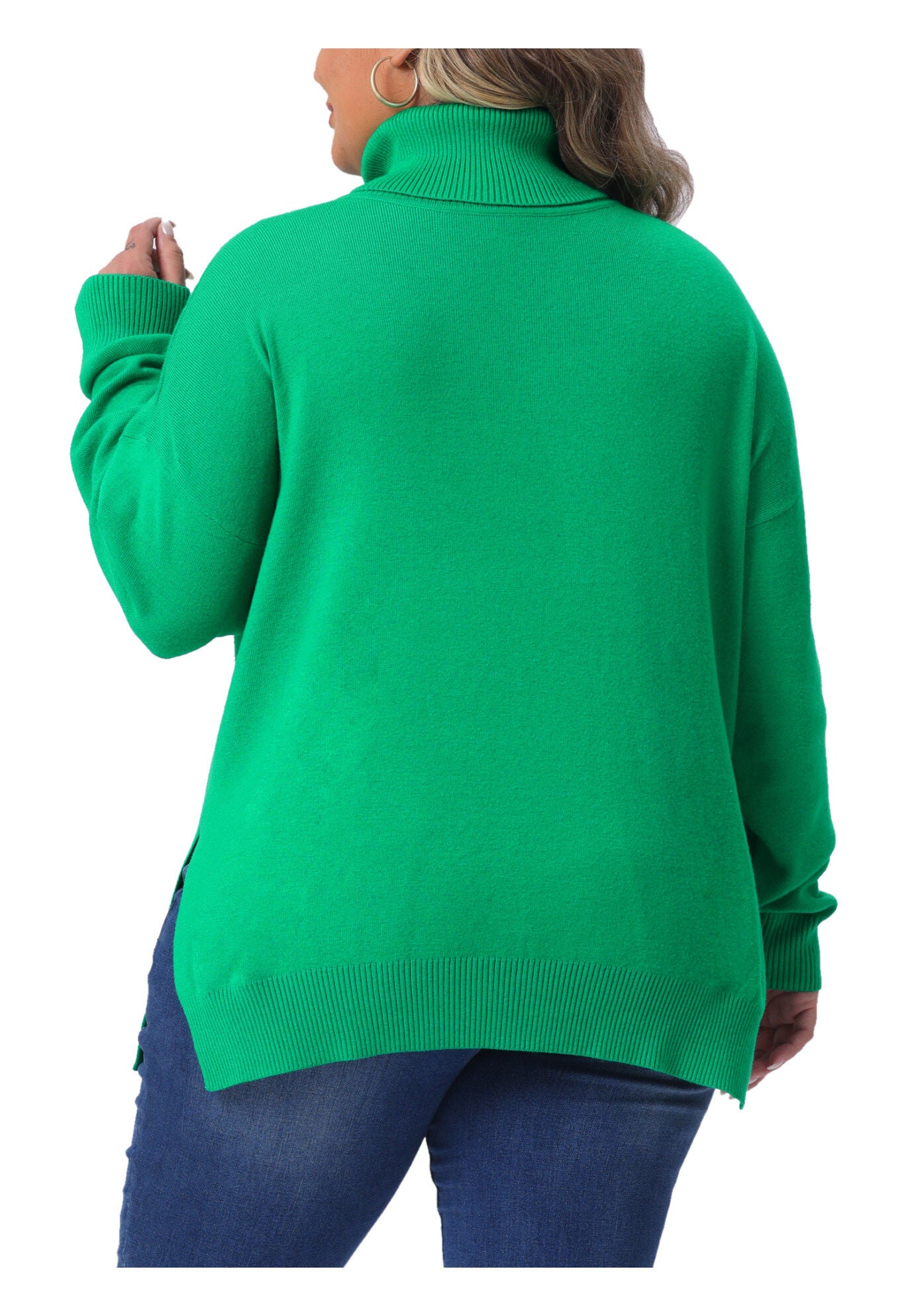 Turtle Neck Side Slit Casual Pullover Knit Top, Green / Kelly Green, alternate image number 3