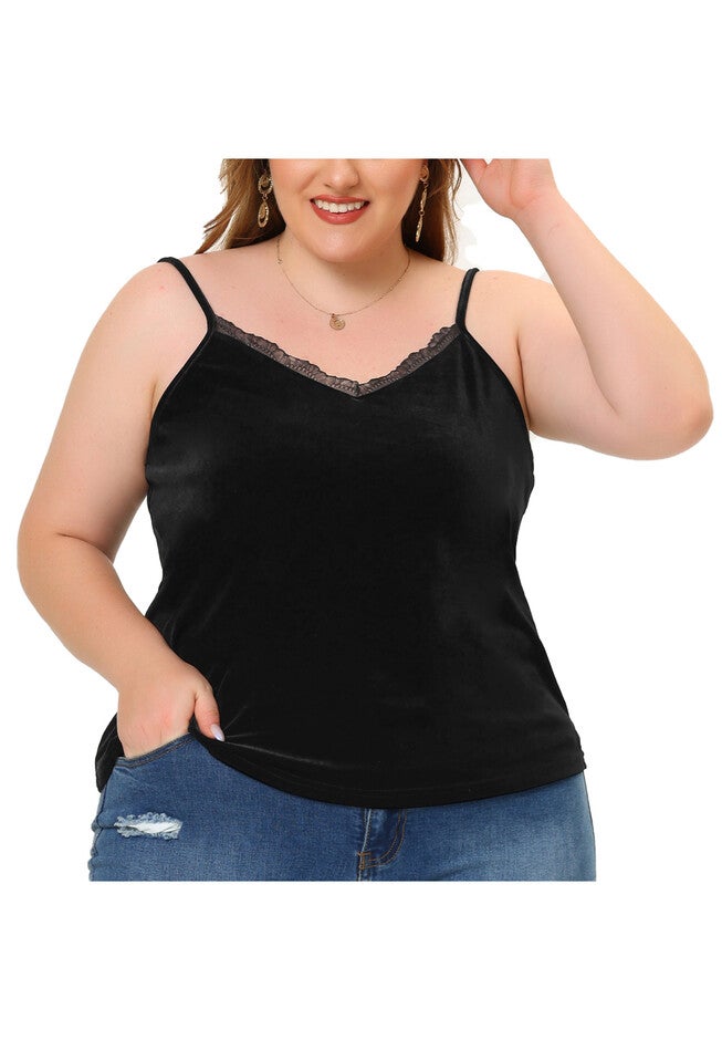 V Neck Velvet Lace Trim Cami Tank Top, Black / Black, alternate image number null