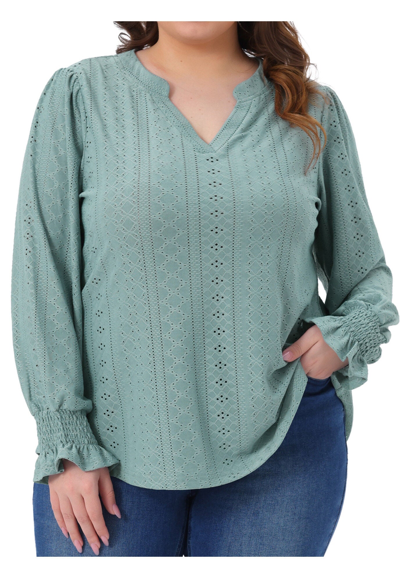 Eyelet Notched V Neck Smocked Hollow Out Blouses, Green / Sage Green, alternate image number 2