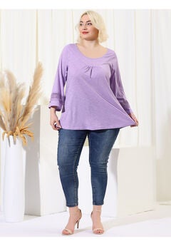 CROCHET PANEL HOLLOW OUT PLEATED TUNICS BLOUSE TOP