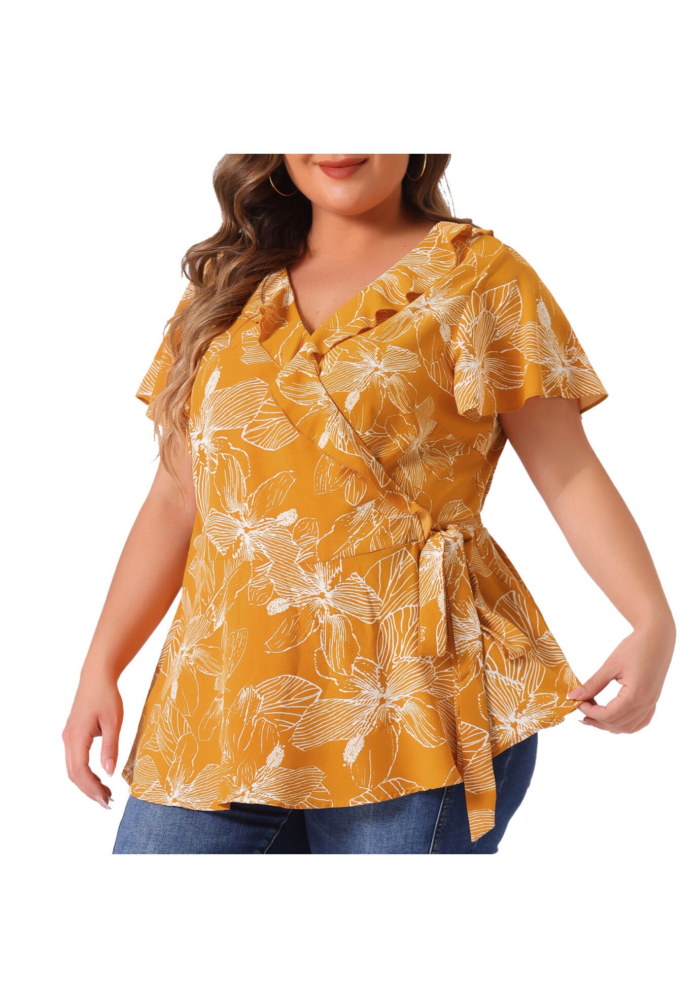 Wrap V Neck Tie Waist Ruffle Sleeve Blouse Summer Floral Top, Yellow / Yellow, alternate image number 1