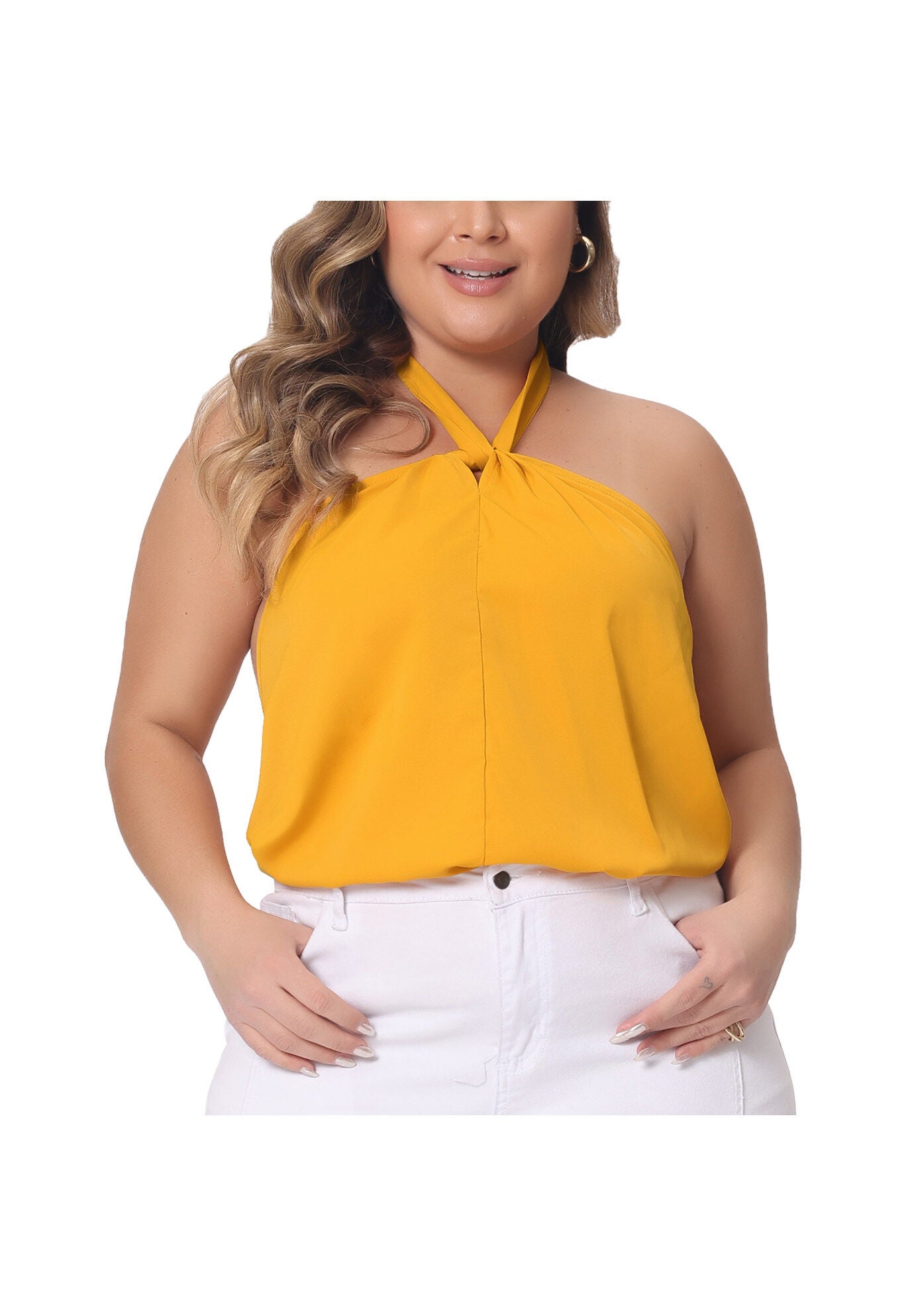 Self Tie Halter Neck Suspender Vest Sleeveless Camisole, Orange / Yellow, alternate image number 1