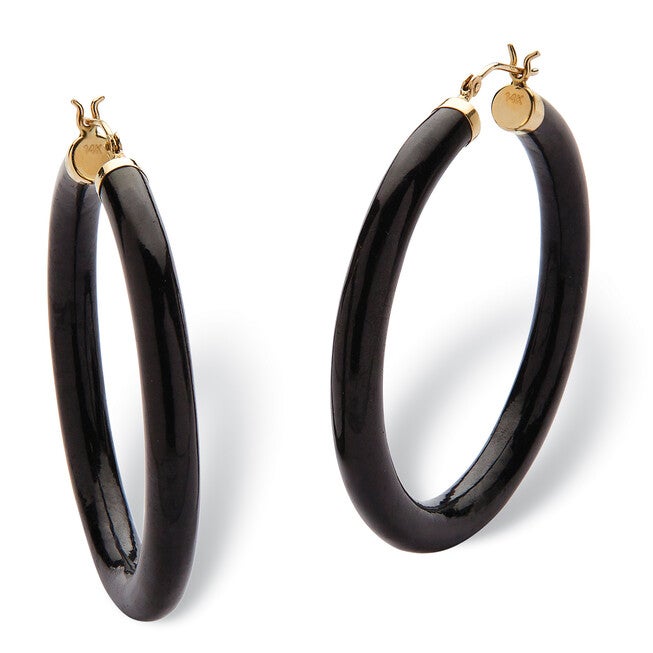 Genuine Black Jade Hoop Earrings in 14k Yellow Gold, Black / Black, hi-res image number 0