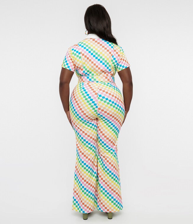 Smak Parlour 1970s Rainbow Check Flare Jumpsuit, Rainbow Checks / Aqua, alternate image number 1