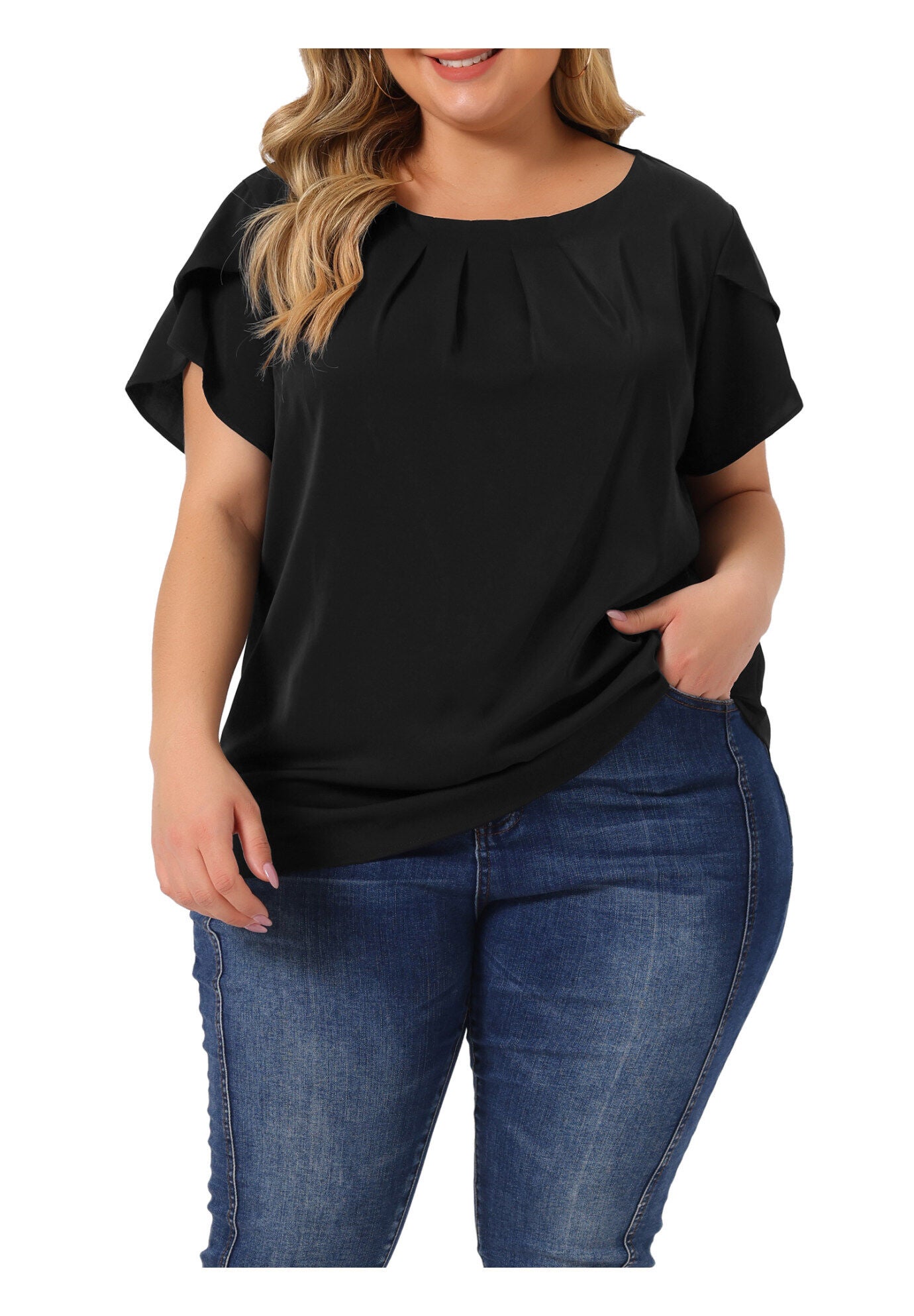 Round Neck Pleated Top Tulip Sleeves Blouse Top, Black / Black, alternate image number 2