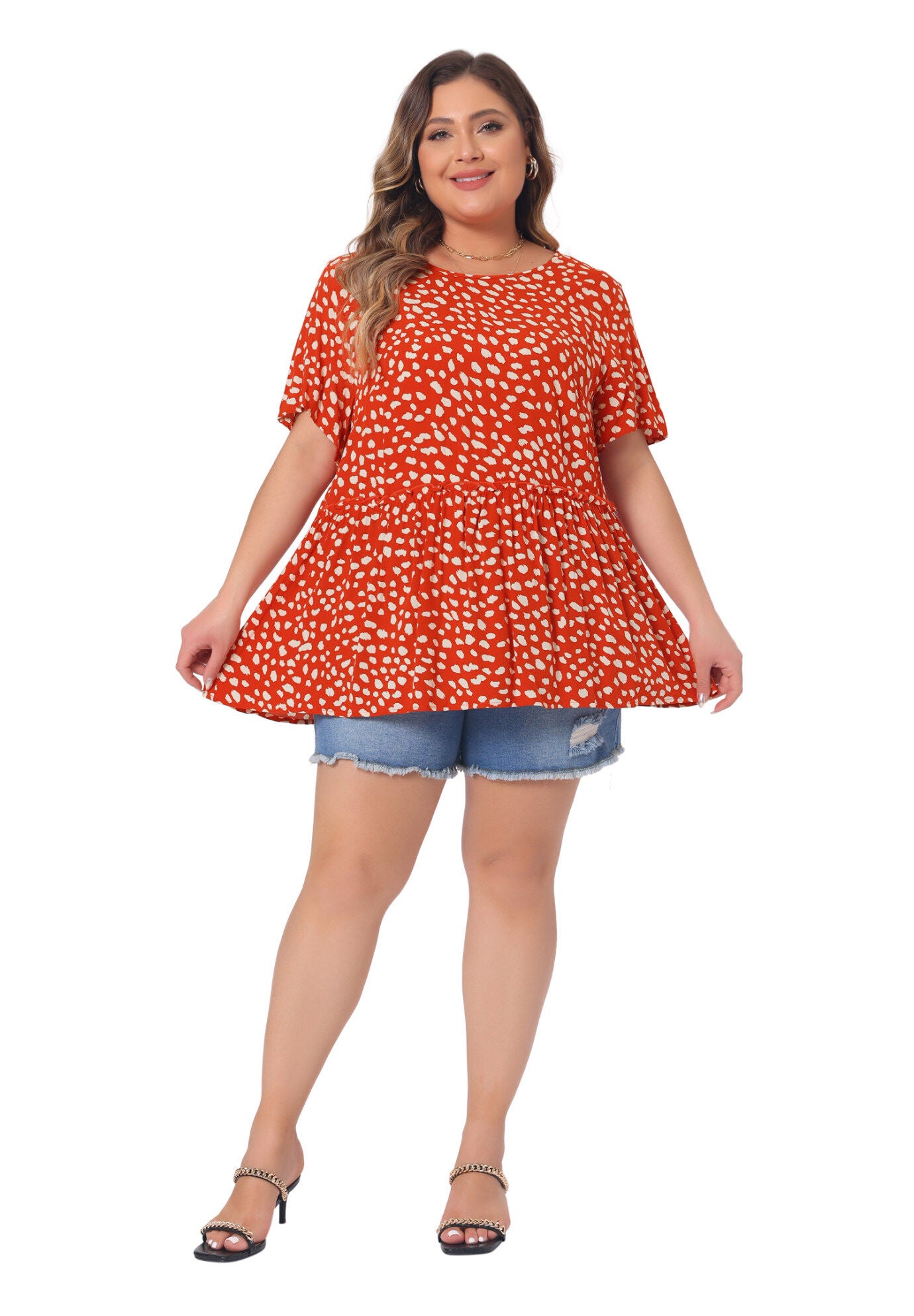 Polka Dots Crew Neck Short Sleeve Peplum Top, Orange / Orange, hi-res image number 0