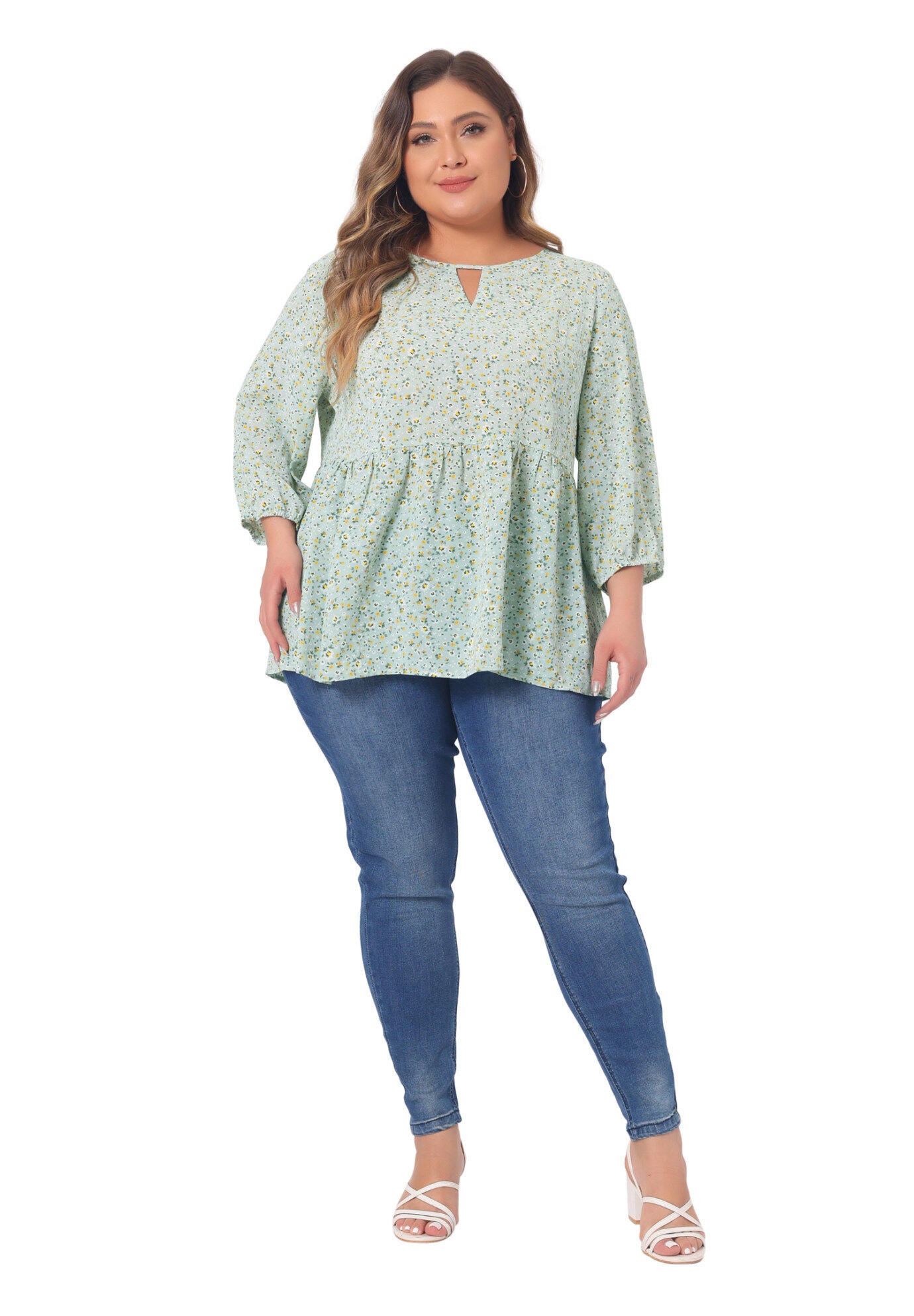 3/4 Sleeves Babydoll Chiffon Keyhole Floral Flowy Top Blouse, Light Green / Light Green, hi-res image number 0