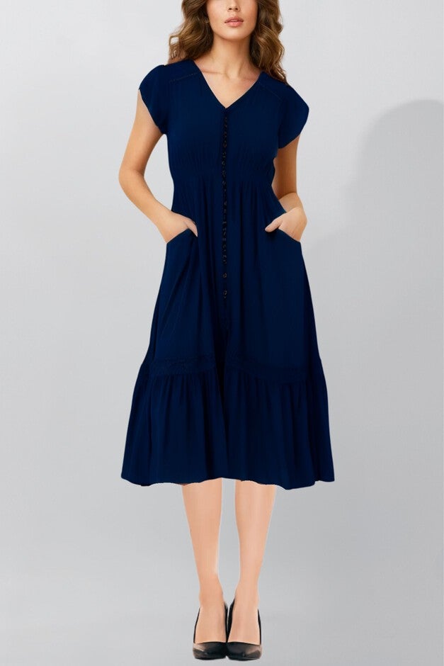 Annick - Elise Dress V-Neck Tiered Skirt Solid, Navy / Navy, alternate image number 1
