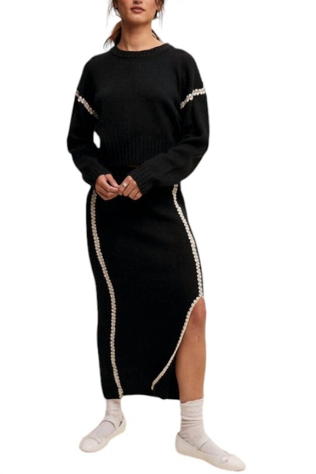 CONTRAST STITCH SWEATER SKIRT SET, Black / Black, hi-res image number null