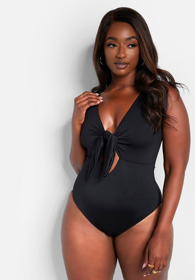 Happy Hour Tie Front Keyhole Swimsuit, Black / Black, alternate image number 2