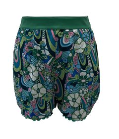 Unique Vintage Teal Psychedelic Floral Scallop Trim Shorts