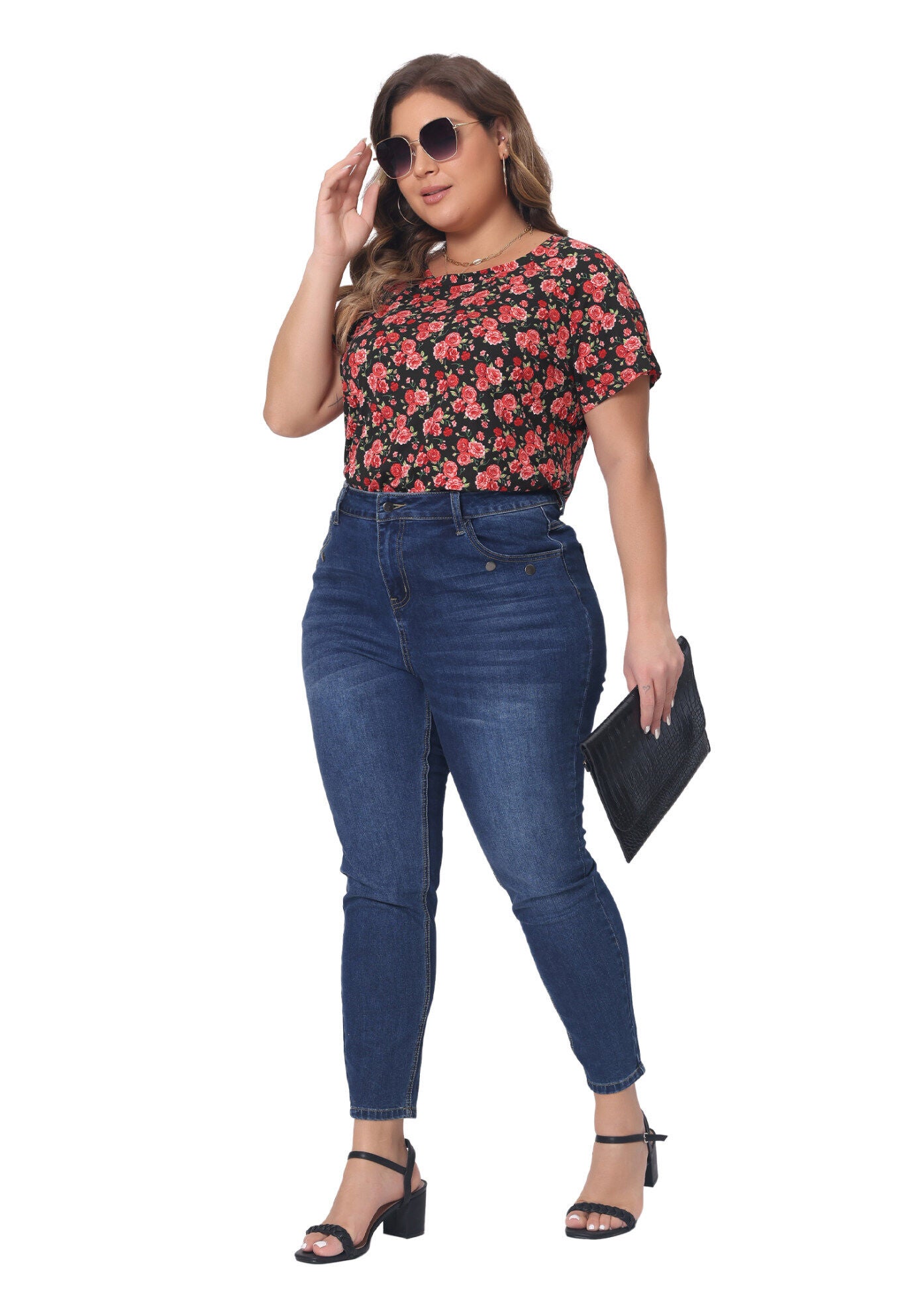 Floral Blouse Short Sleeves Loose Top, Red / Red, hi-res image number 0
