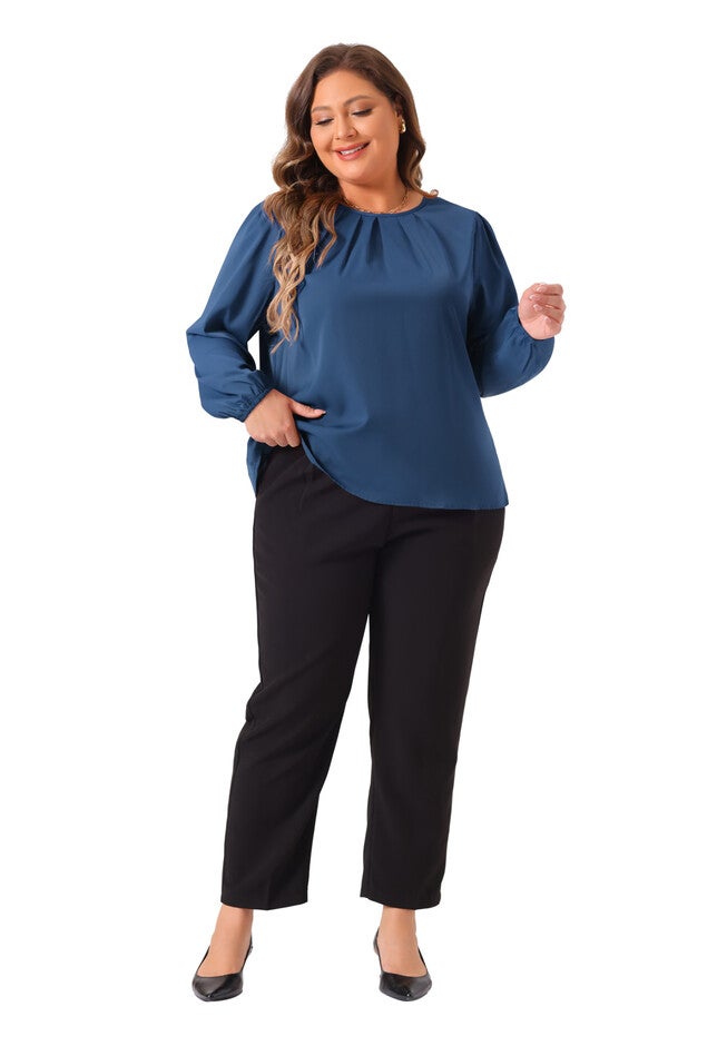 Crew Neck Pleated Work Office Long Sleeve Blouse, Blue / Dusty Blue, hi-res image number 0