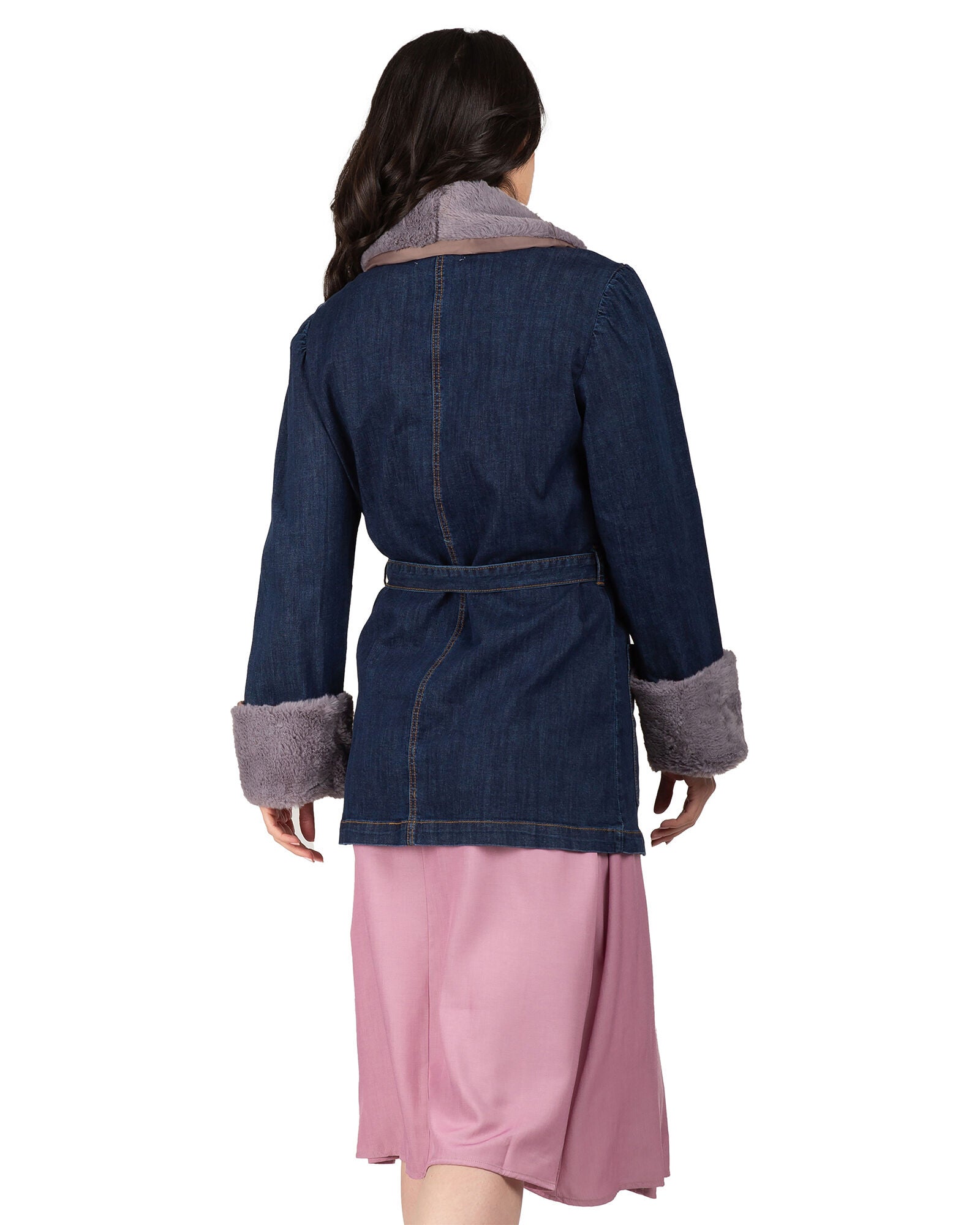 Emily Women&#39;s Tie Robe Detachable Faux Fur Denim Jacket, , alternate image number 6
