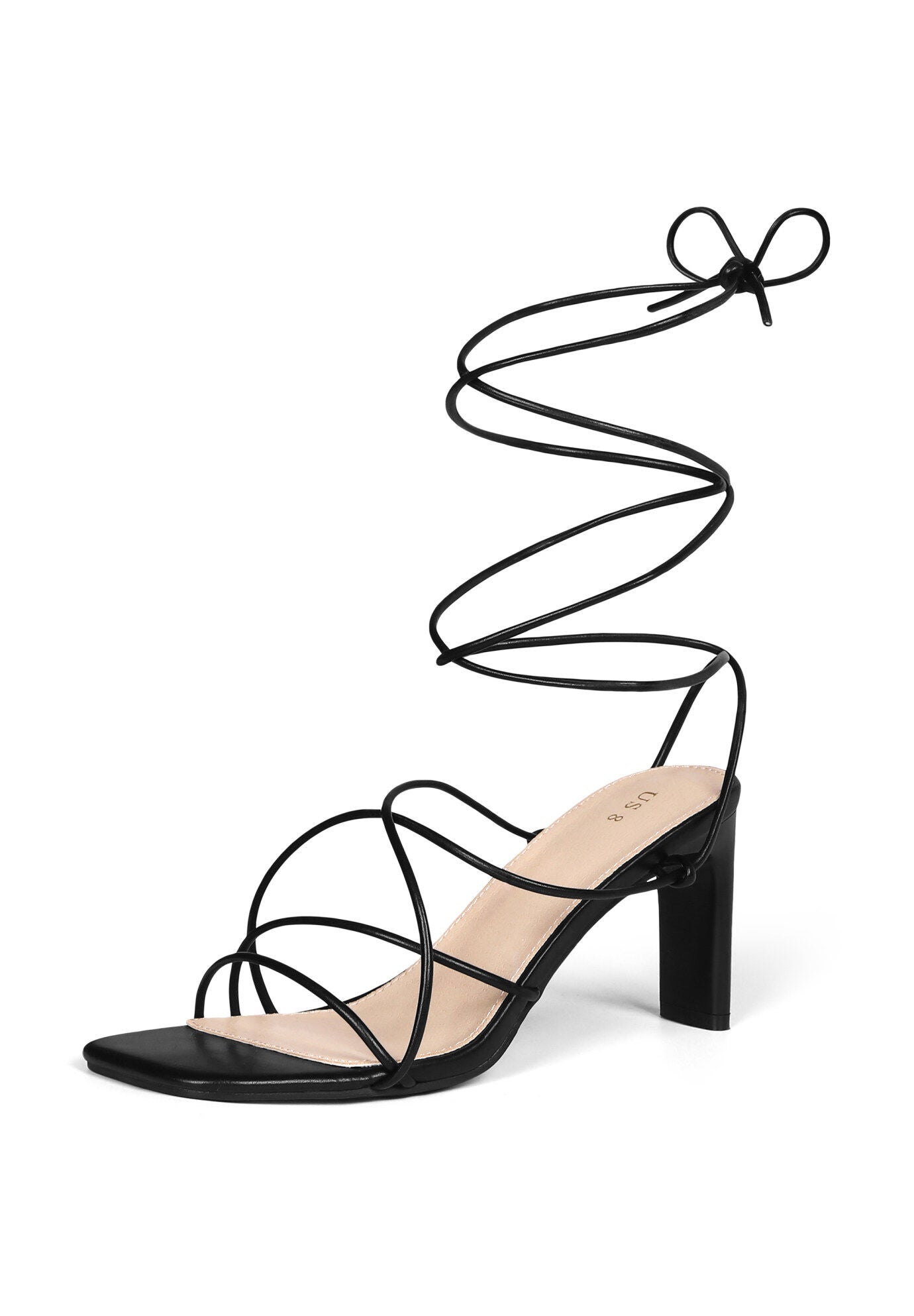 Square Toe Chunky Heel Wrap Up Strappy Sandals, Black / Black, alternate image number 3