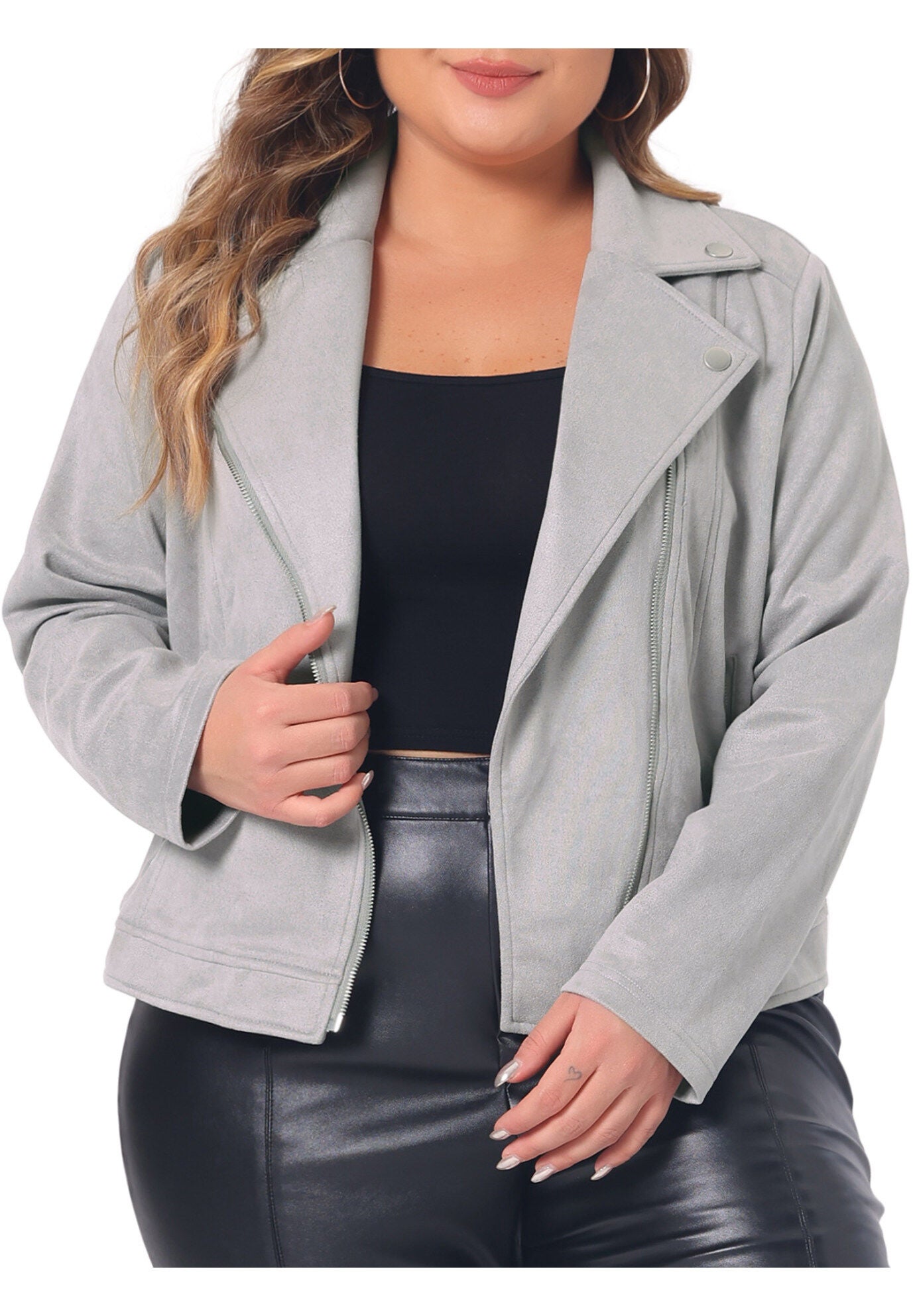 CROPPED MOTO BIKER ZIP UP FAUX LEATHER SUEDE JACKET, Grey / Cool Gray, alternate image number 1