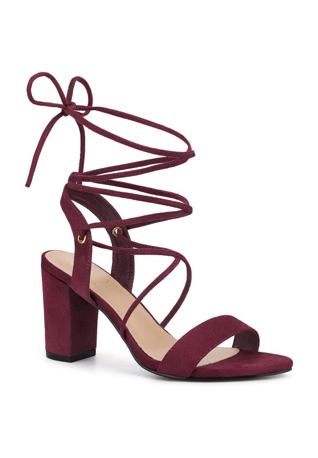 Lace Up Slingback Block High Heels Sandals, Burgundy / Burgundy, hi-res image number null