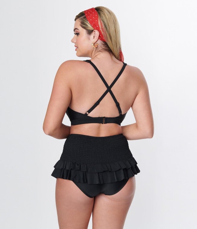 Unique Vintage Black Smocked Ruffle Swim Bottom, Black / Black, alternate image number 1