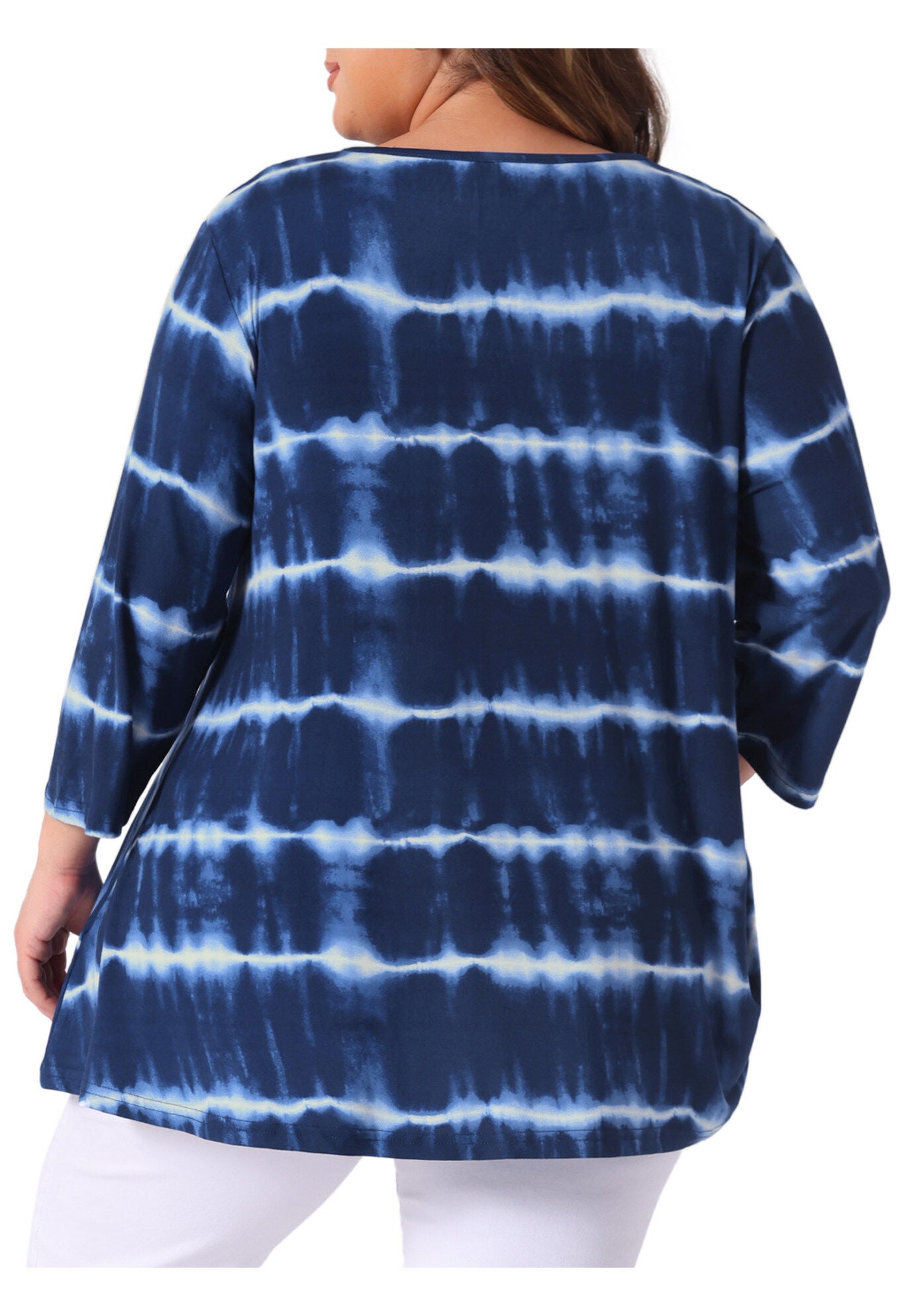 Elbow 3/4 Sleeve Loose Fit Tie Dye Tunic Top, Blue White / White, alternate image number 3