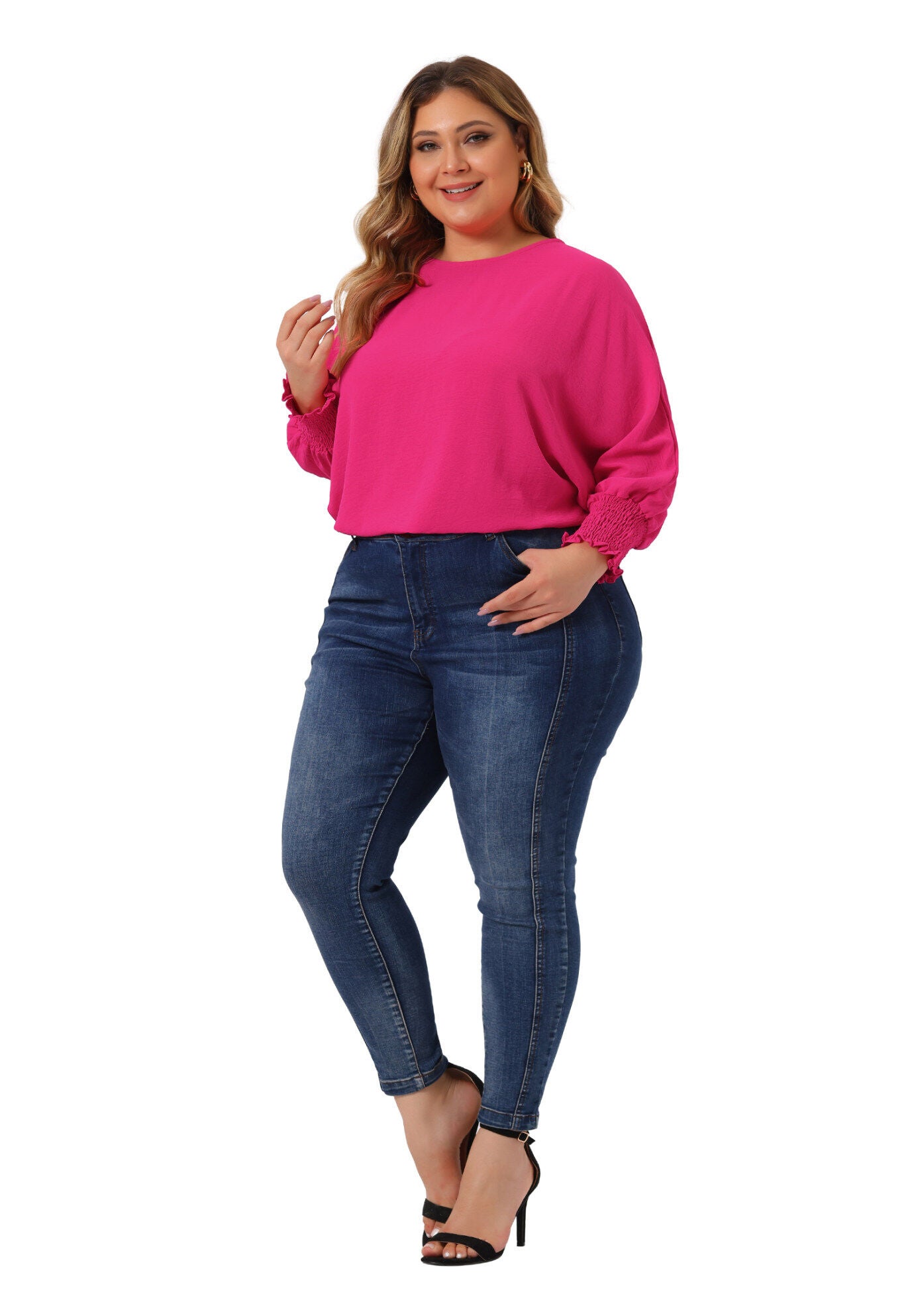 Chiffon Top Batwing Ruffle Long Sleeve Loose T-Shirt Blouse, Hot Pink / Deep Fuchsia, hi-res image number 0