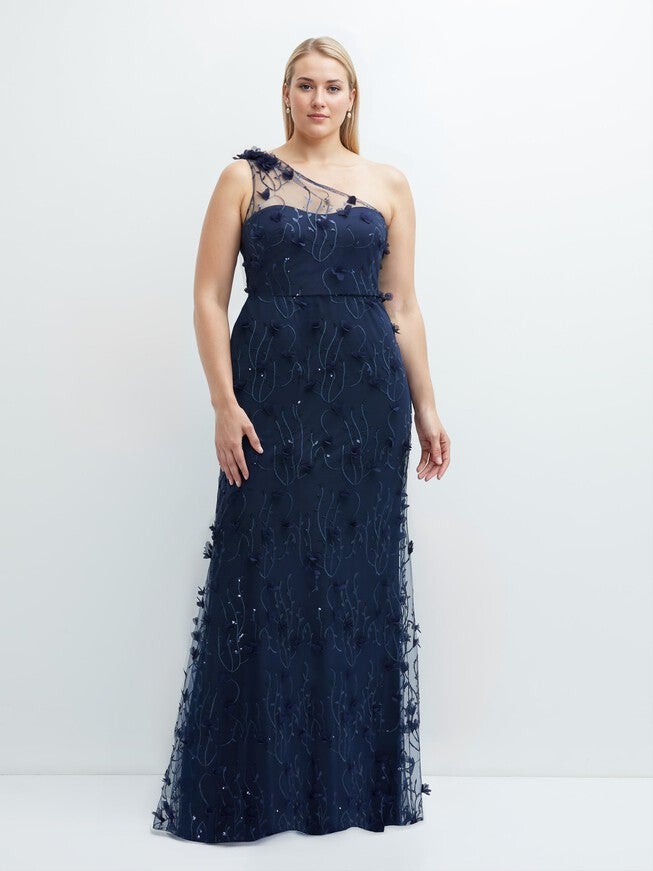 One-Shoulder Fit and Flare 3D Floral Embroidered Dress, Midnight Navy / Navy, hi-res image number null