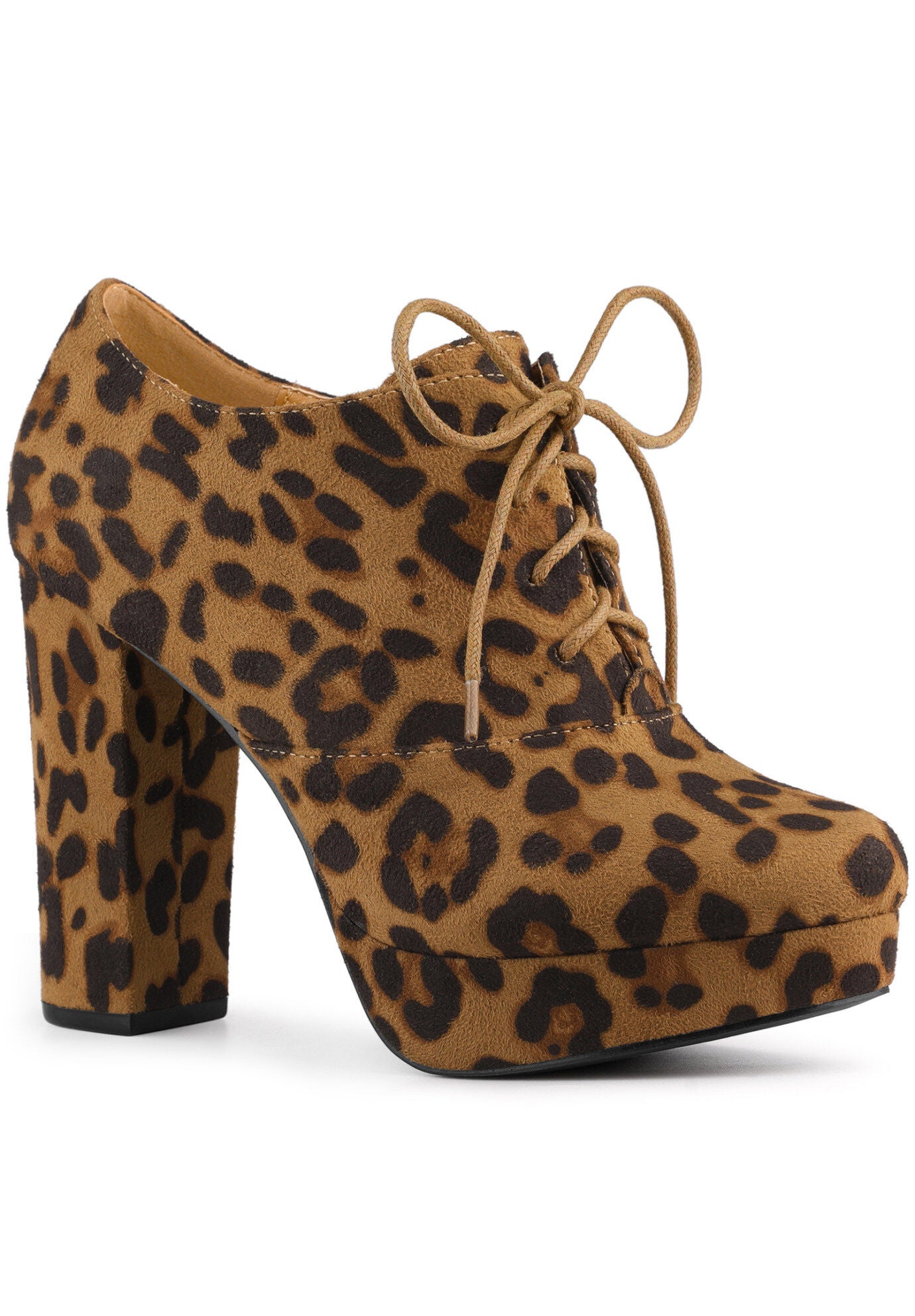 Platform Chunky Heel Lace Up Ankle Booties, Leopard / Brown, hi-res image number 0