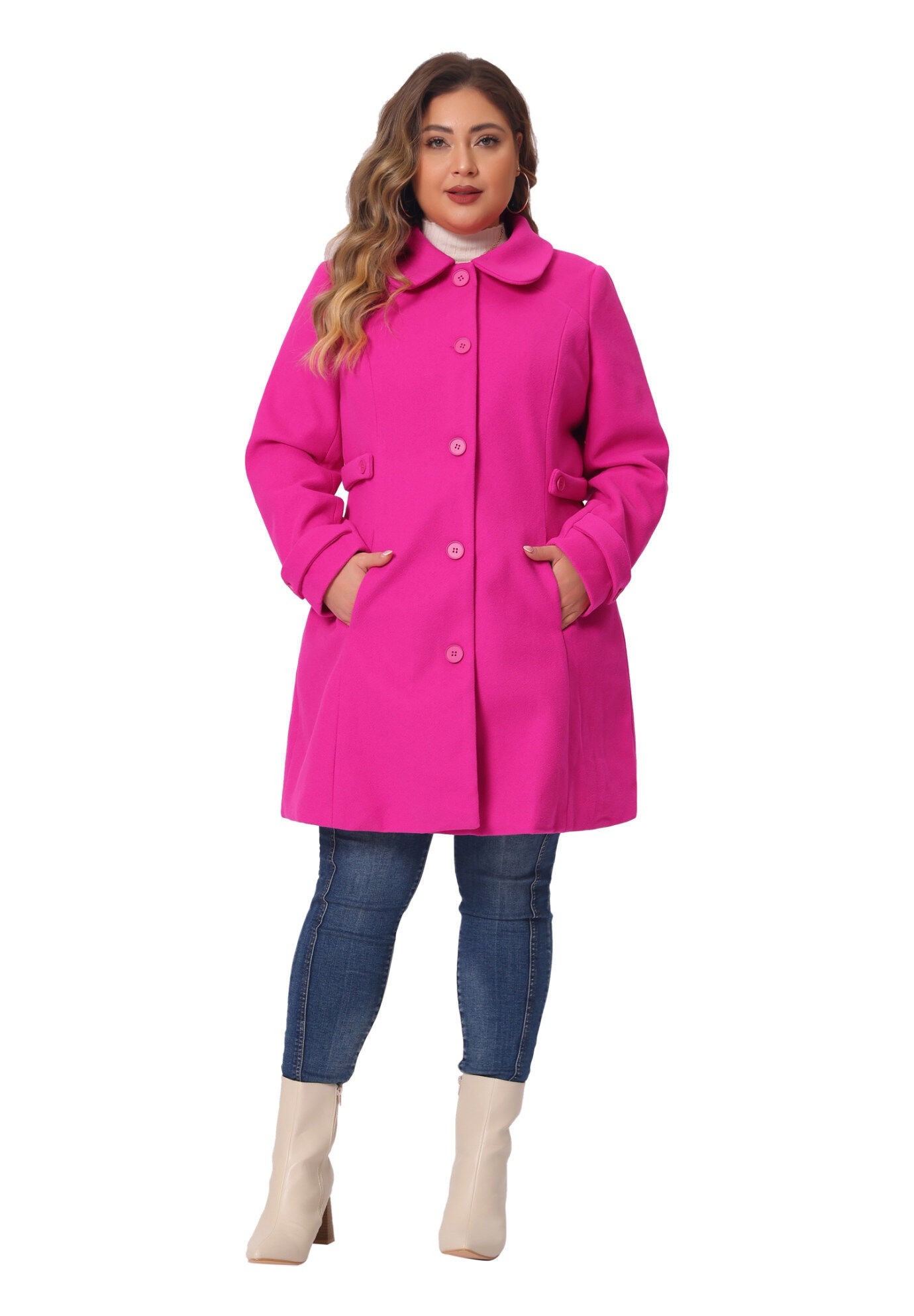 Peter Pan Collar Cuff Single Breasted Trench Long Coat, Hot Pink / Pink, hi-res image number 0