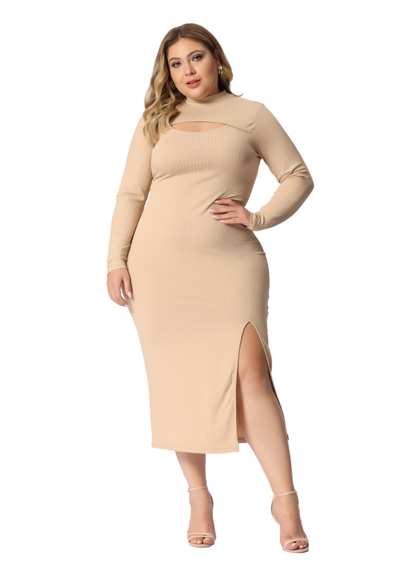 Round Neck Cut Out Front Knee Bodycon Dress, Khaki / Beige, hi-res image number 0