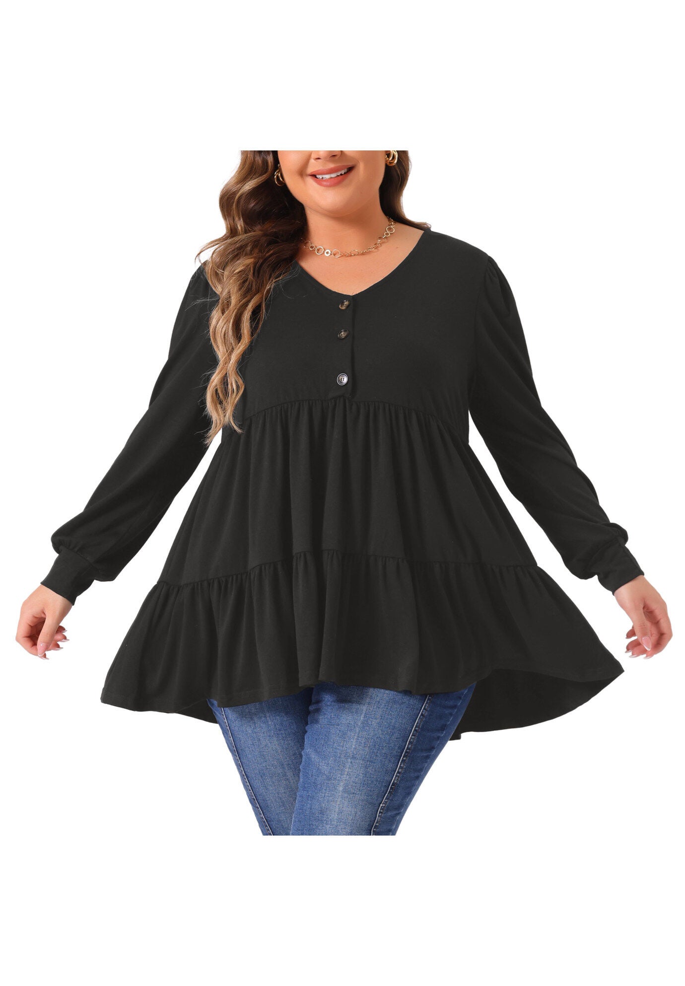 V Neck Long Sleeve Button Up Peplum Tunic Babydoll Top, Black / Black, alternate image number 2