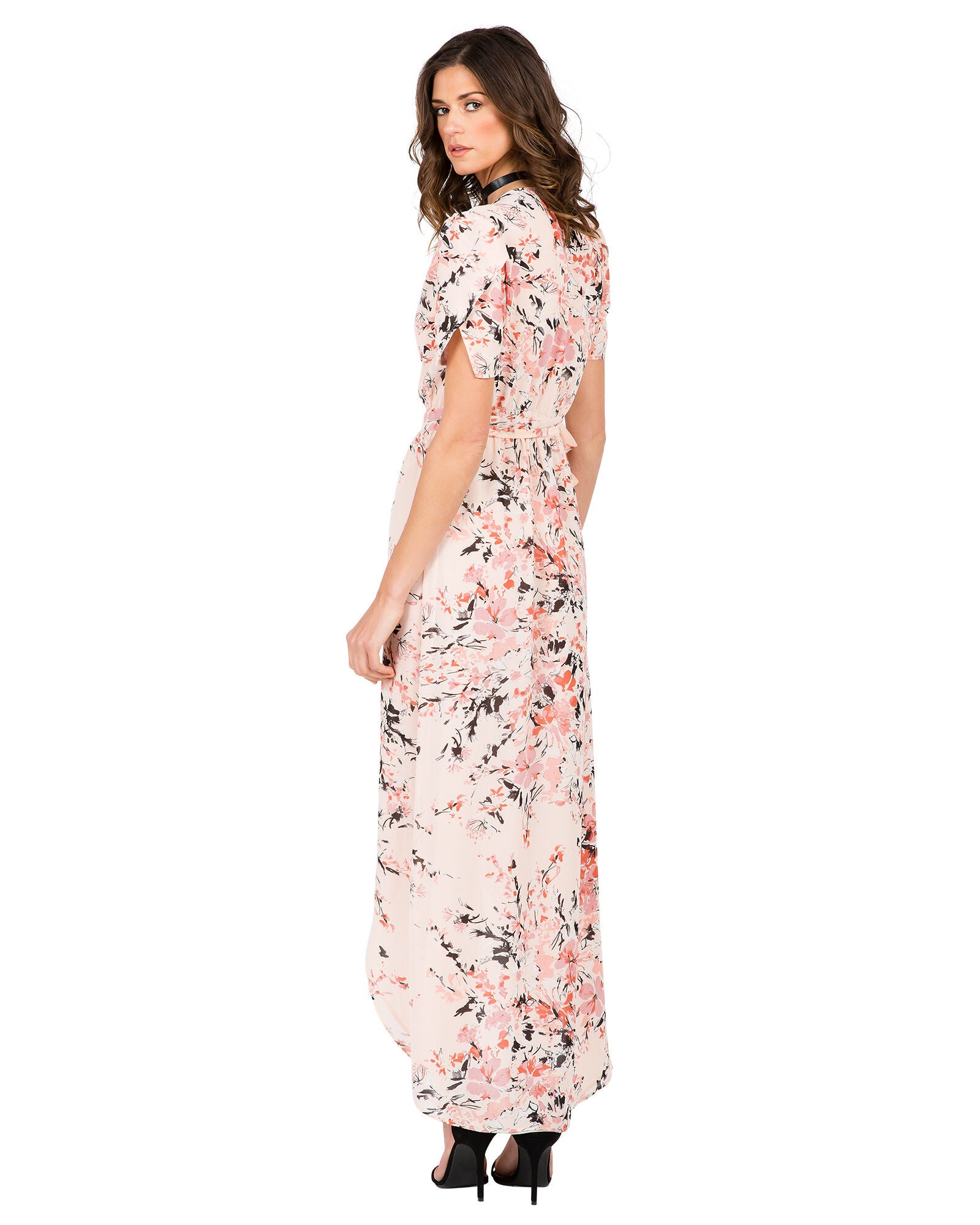Robin Short Sleeve V-Neck Maxi Dress Peach Pink Floral Print, Garden Floral / Pink, alternate image number 2