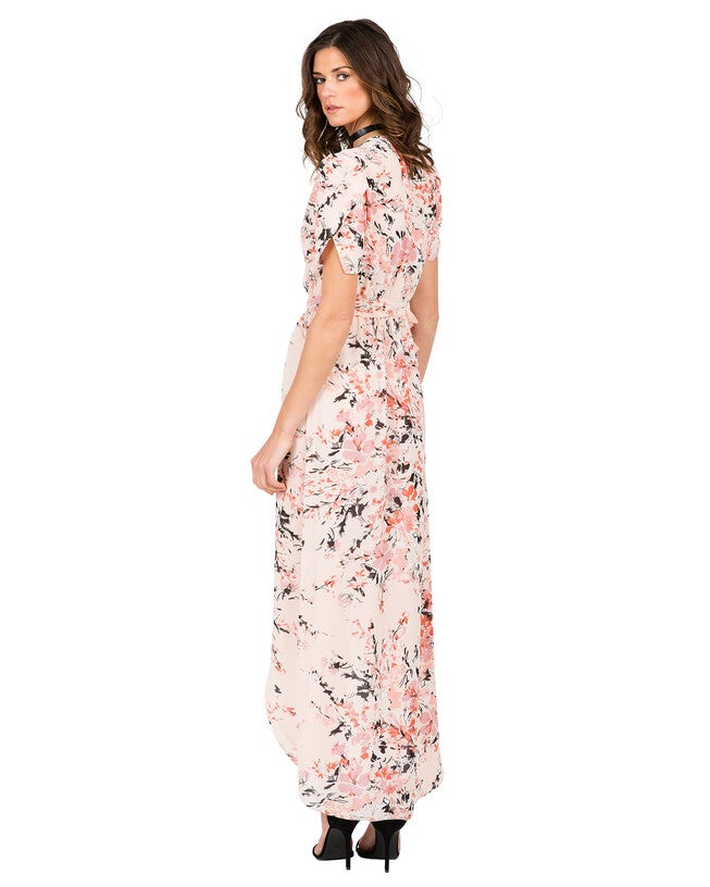 Robin Short Sleeve V-Neck Maxi Dress Peach Pink Floral Print, Garden Floral / Pink, alternate image number 2