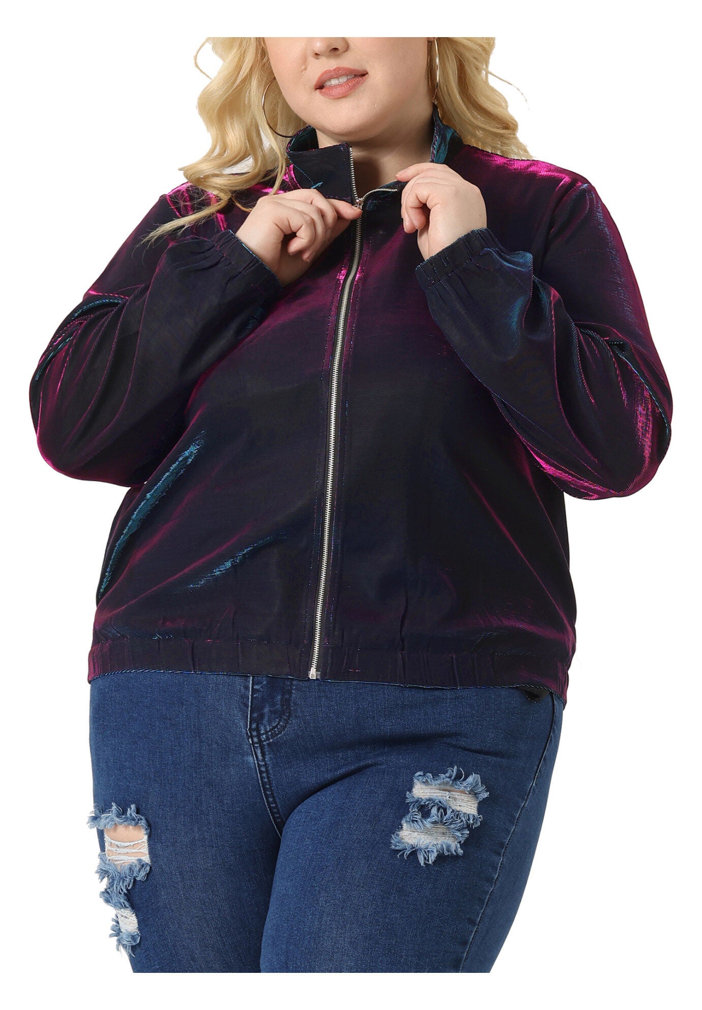 HOLOGRAPHIC MESH LONG SLEEVE ZIP UP JACKET, Blue Purple / Purple, alternate image number 4