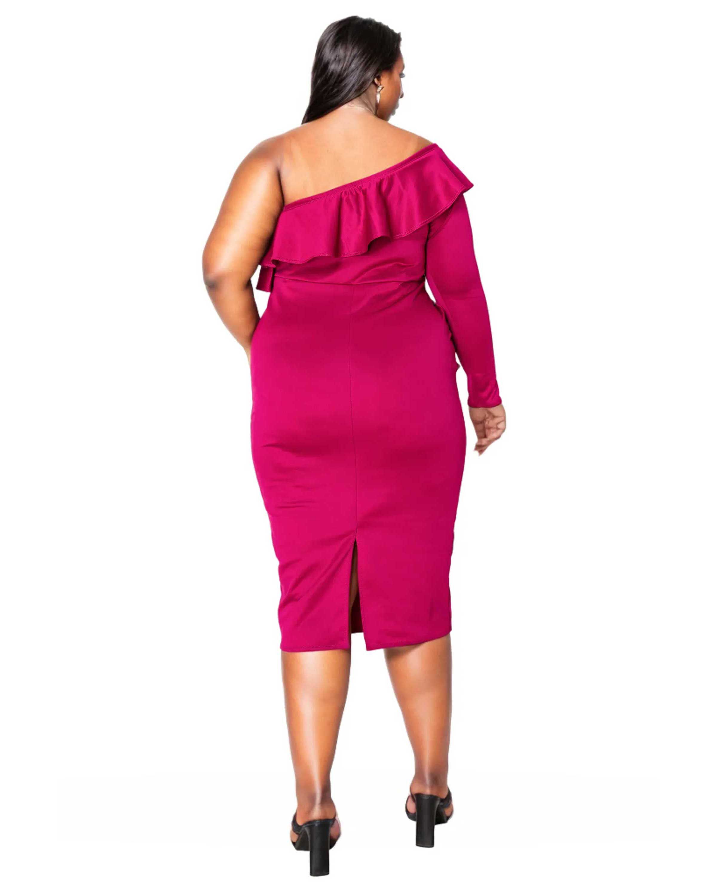 VAL RUFFLED BODYCON DRESS, Magenta / Magenta, alternate image number 2
