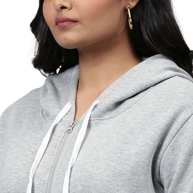 Solid Grey Front Zip Hooded Sweatshirt, Light Grey / Light Grey, alternate image number null
