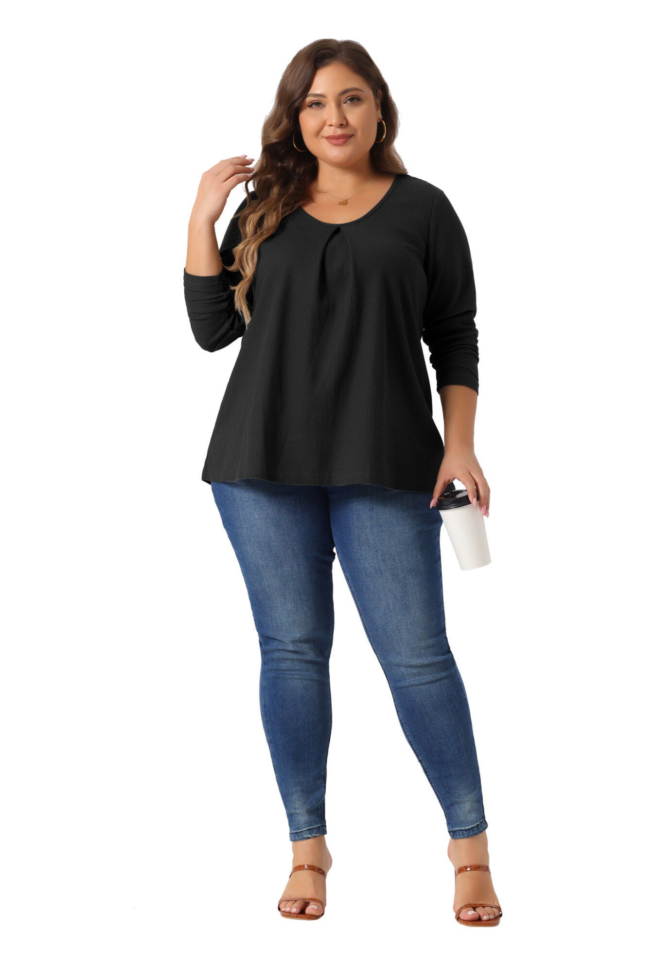 Crew Neck Pleat Front Long Sleeve Waffle Knit Blouse Shirt, Black / Black, hi-res image number 0